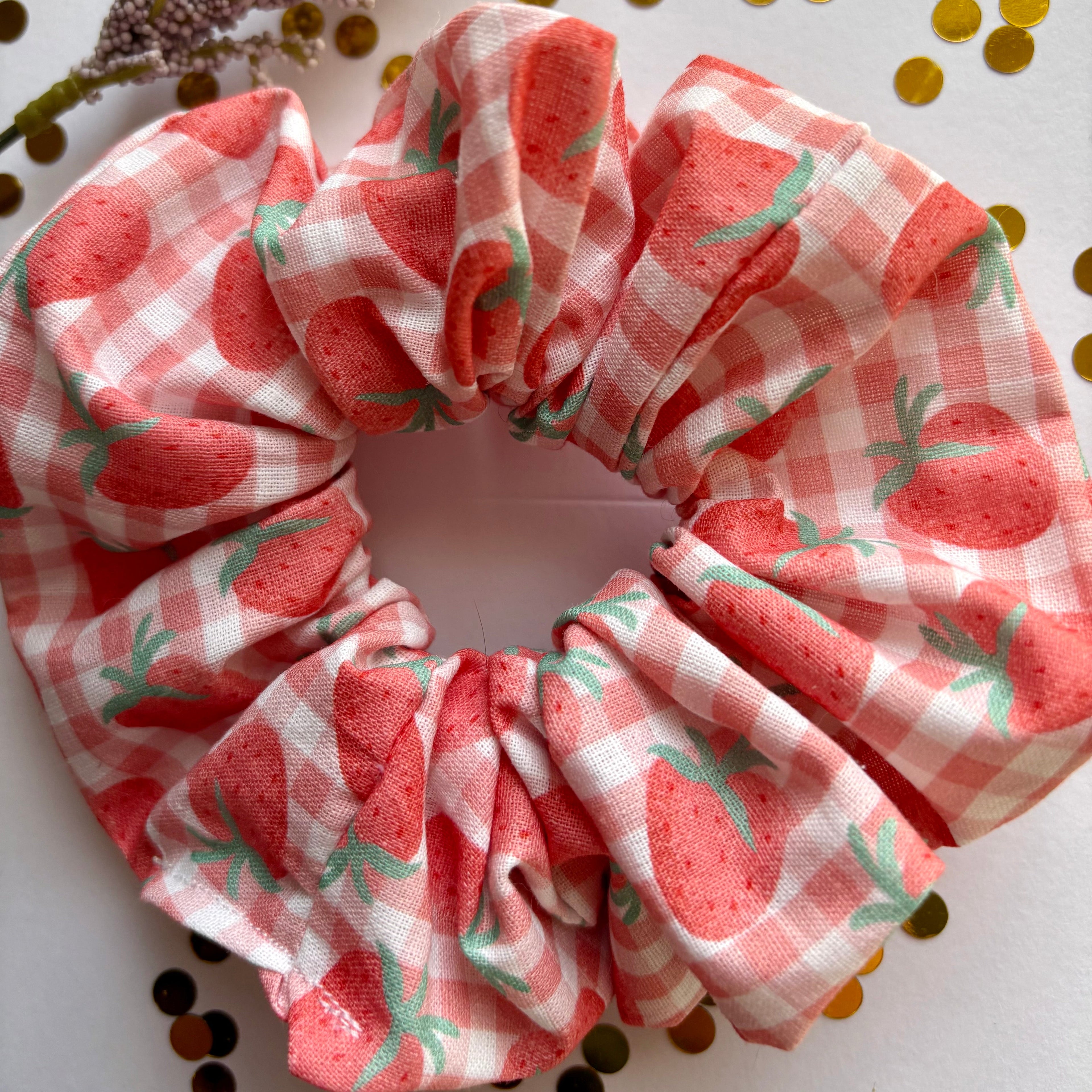 Large handmade cotton pink gingham strawberry scrunchie
