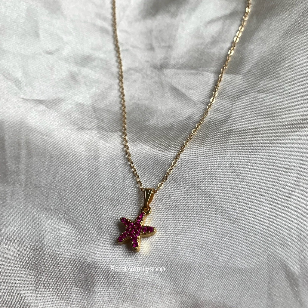 Gold plated pink crystal starfish pendant necklace