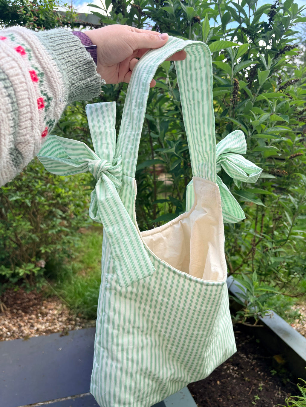 Handmade white and green stripe coquette padded tote bag with bows