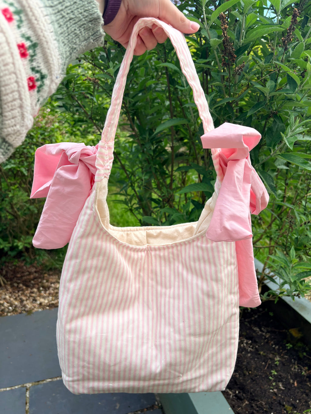 Handmade white and pink stripe coquette padded tote bag with bows