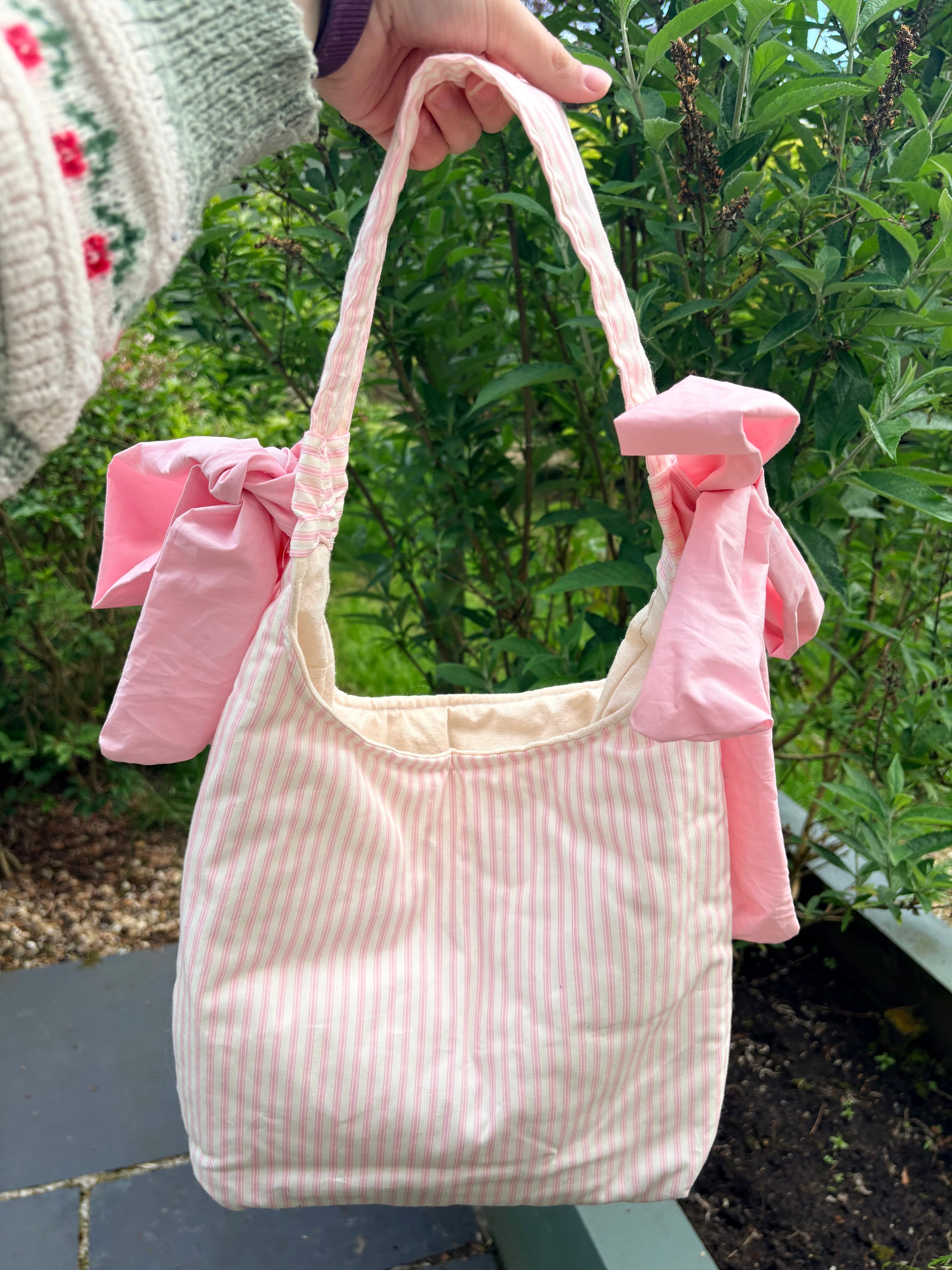 Handmade white and pink stripe coquette padded tote bag with bows