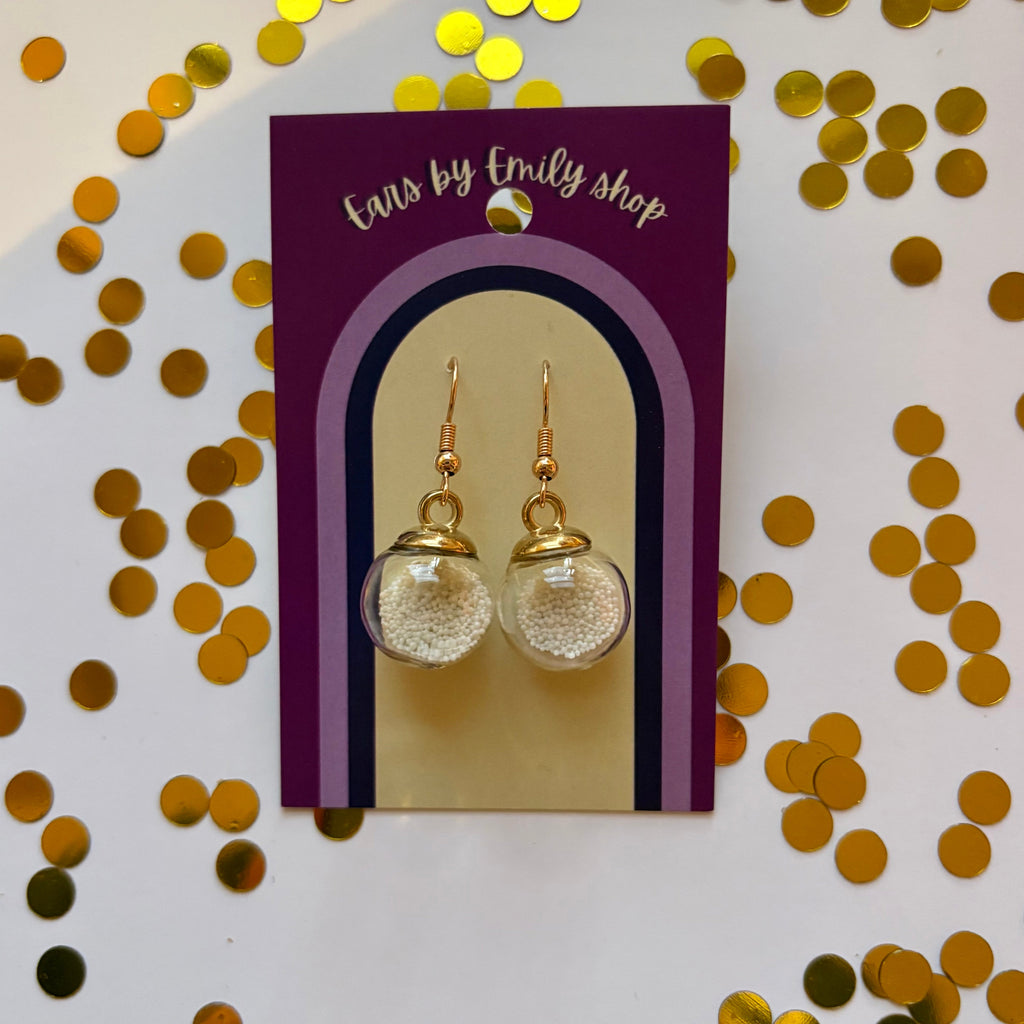 White ball bead sparkle bauble Christmas dangle earrings gold plated