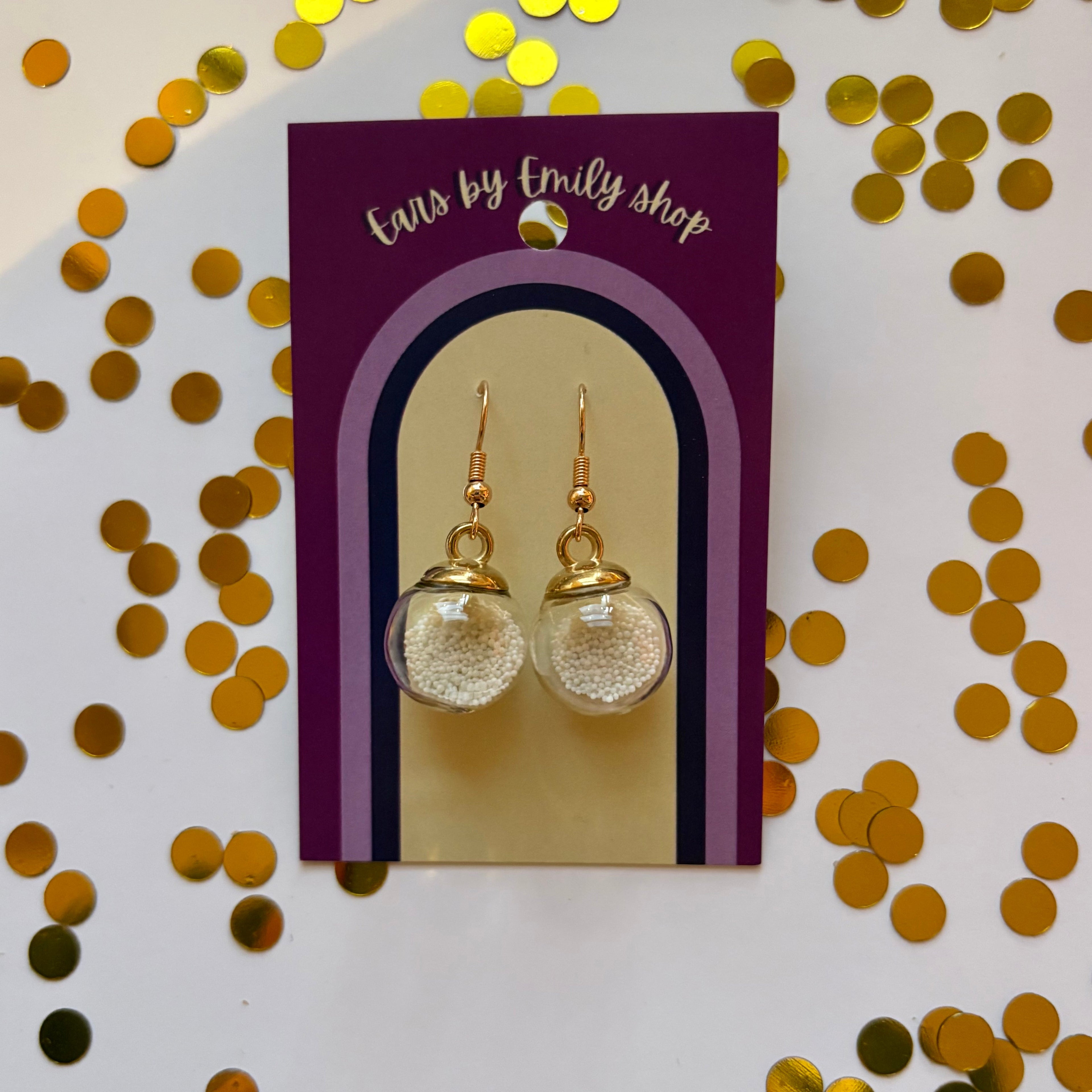 White ball bead sparkle bauble Christmas dangle earrings gold plated