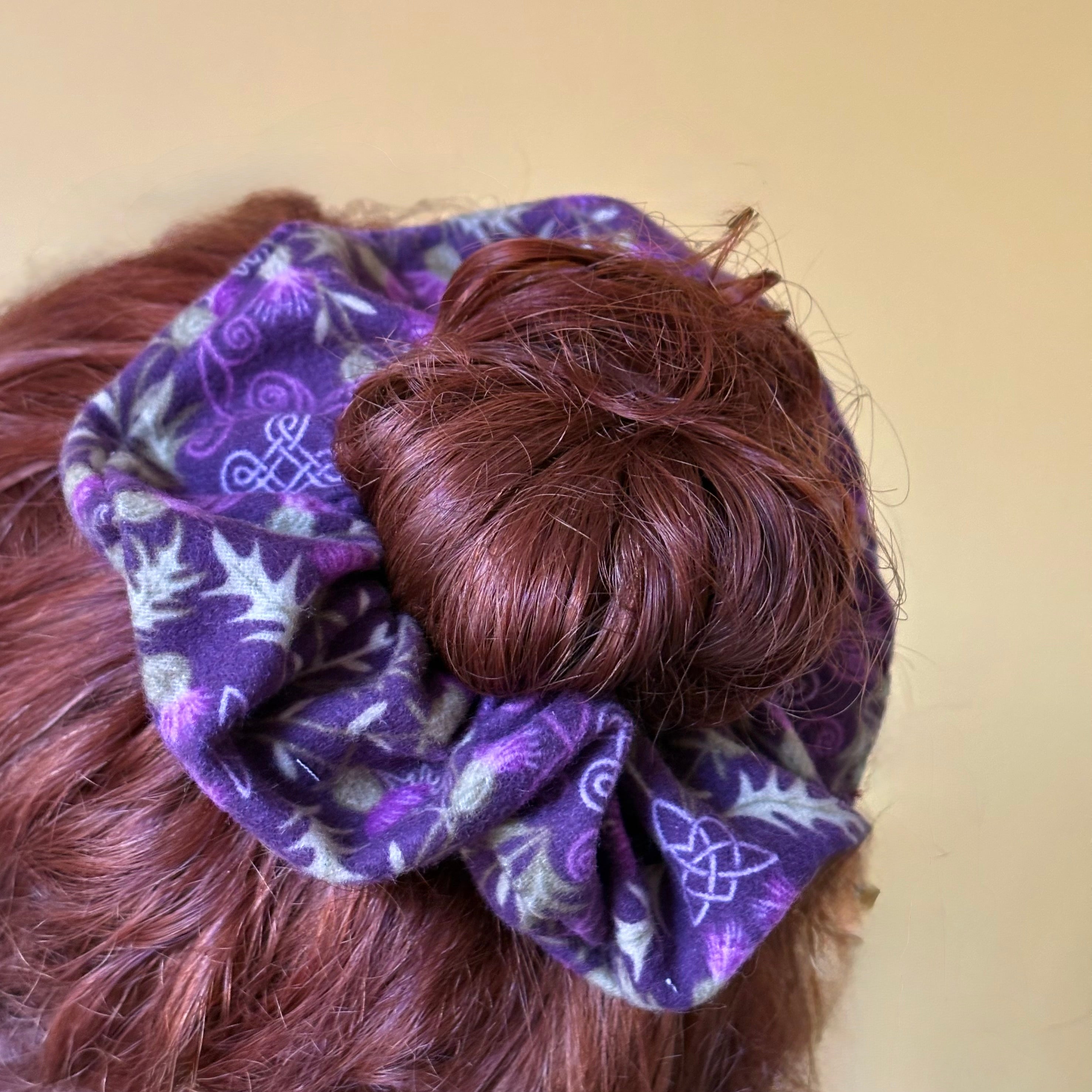 Handmade big Purple brushed cotton thistle scrunchie