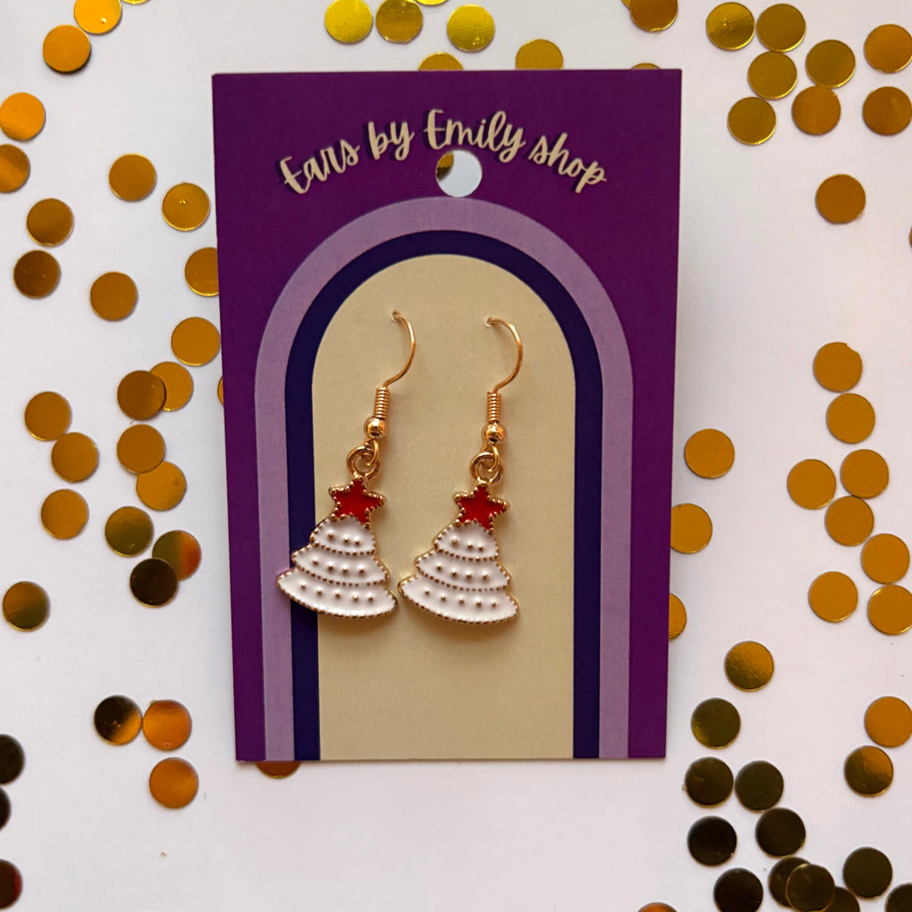 White  Christmas Tree gold earrings