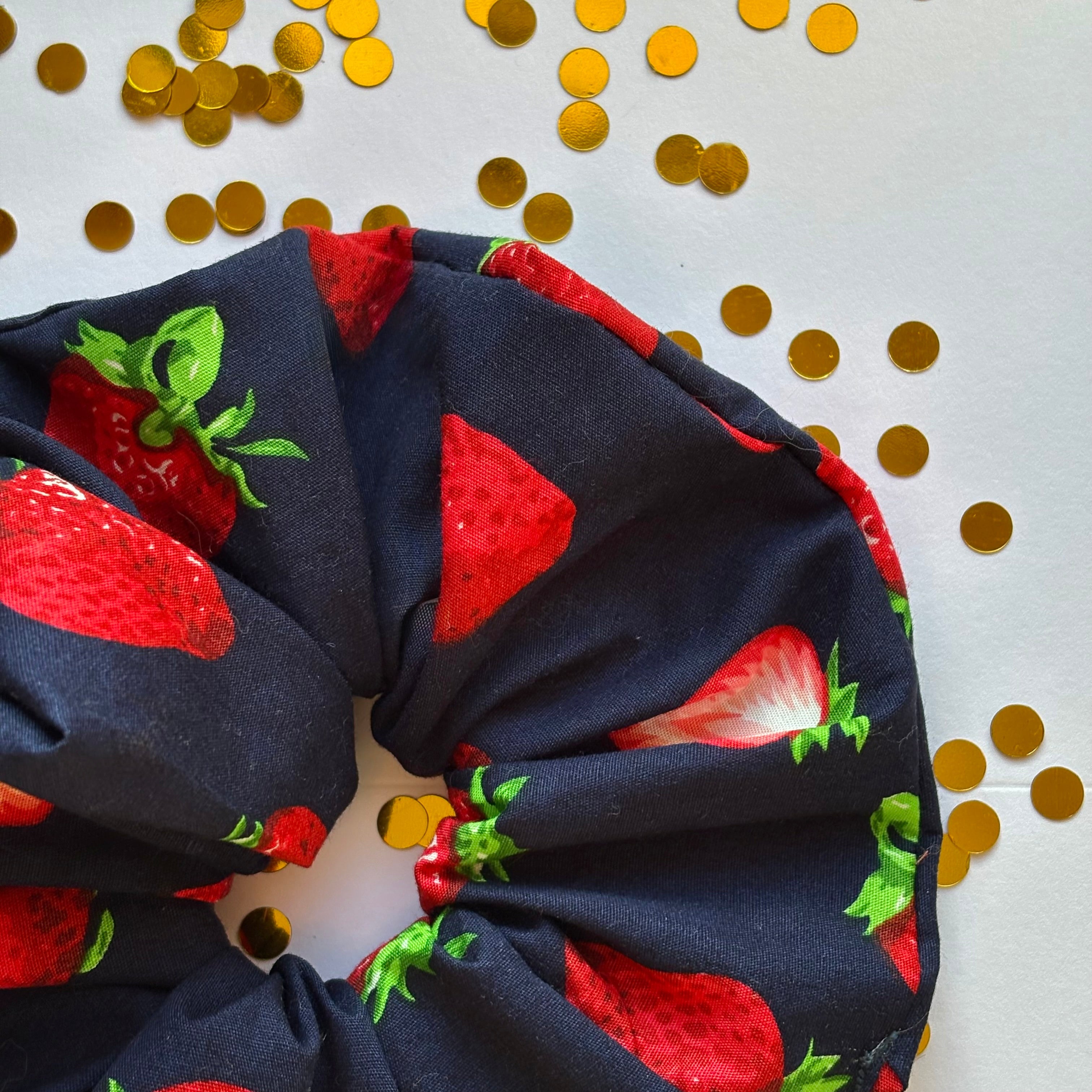 Cool navy blue and red strawberry large hair scrunchie