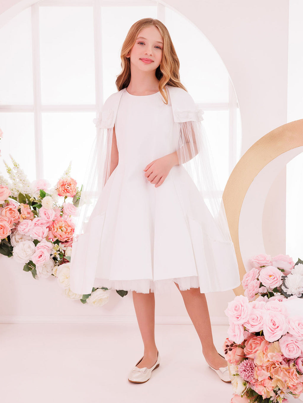 DRESS & Fleur Girls Dress with Removable Cape in White