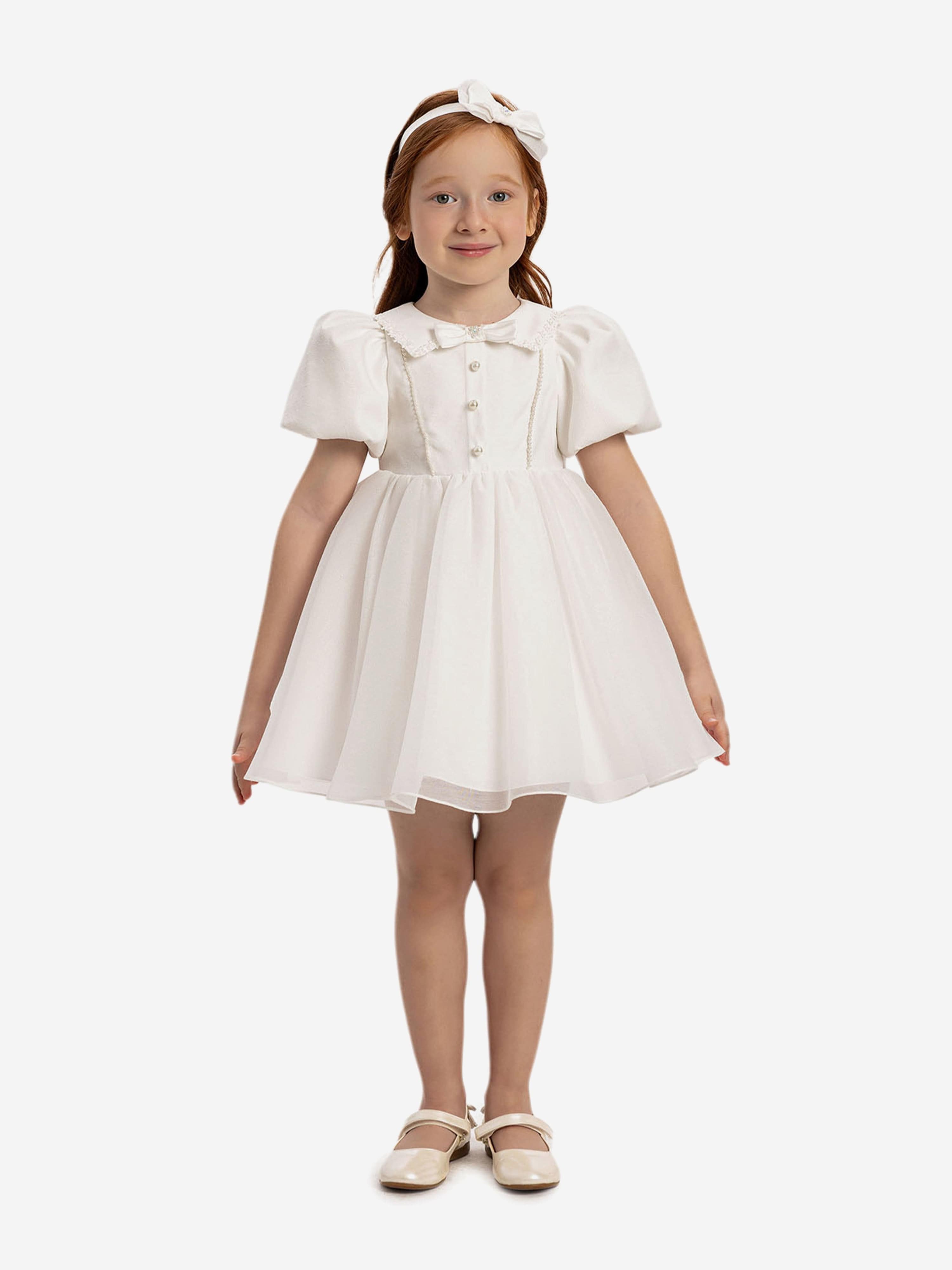DRESS & Fleur Baby Girls Pearl Detail Dress with Headband in White