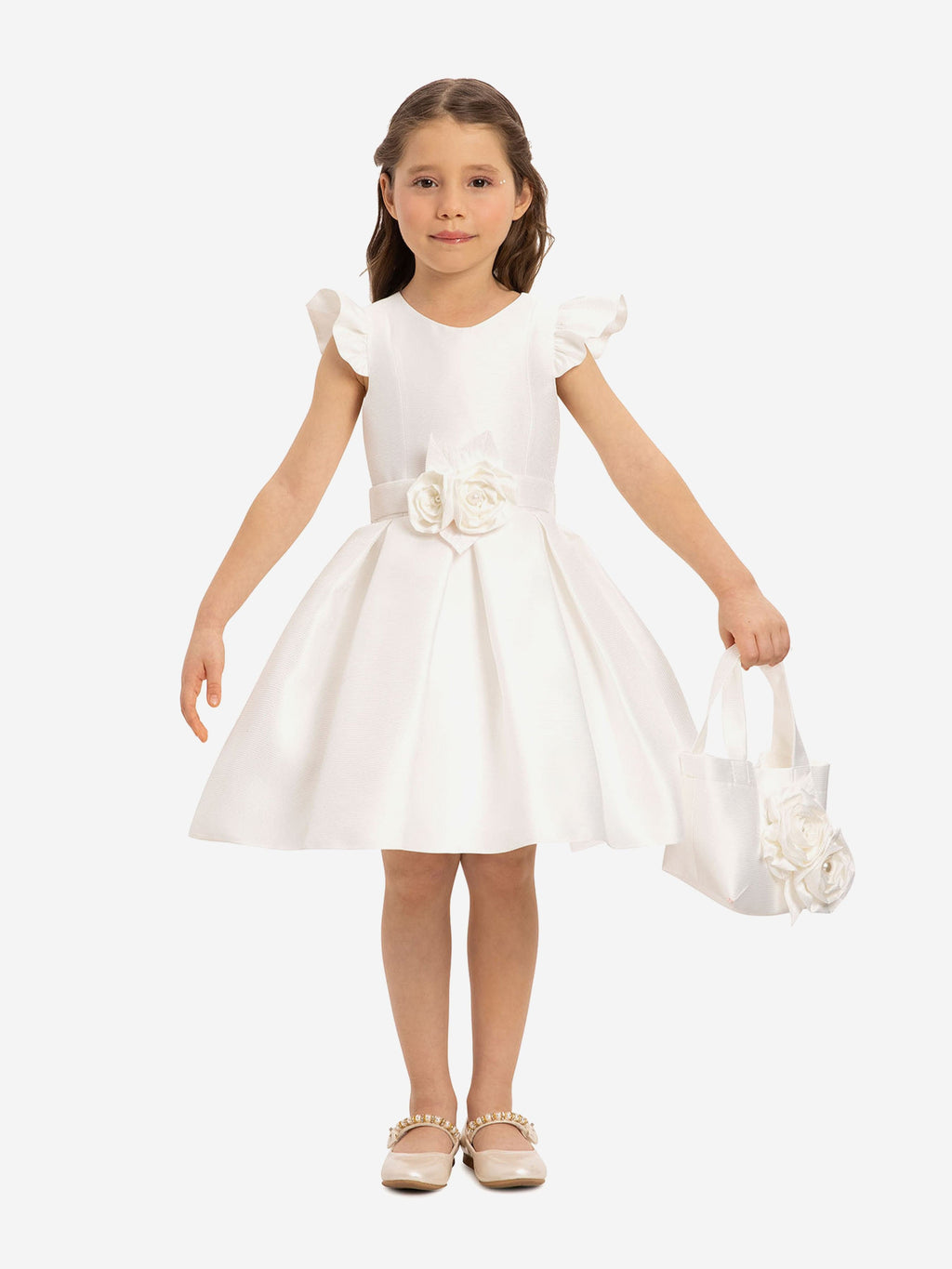 DRESS & Fleur Girls Dress with Matching Floral Bag in White