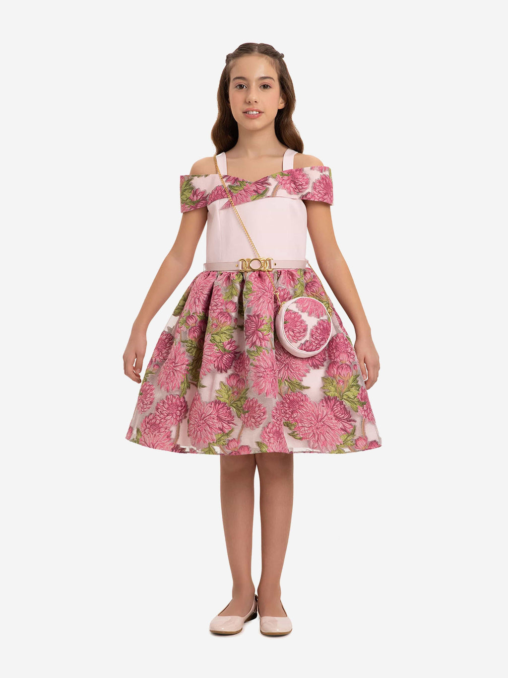 DRESS & Fleur Girls Jacquard Dress with Bag in Pink