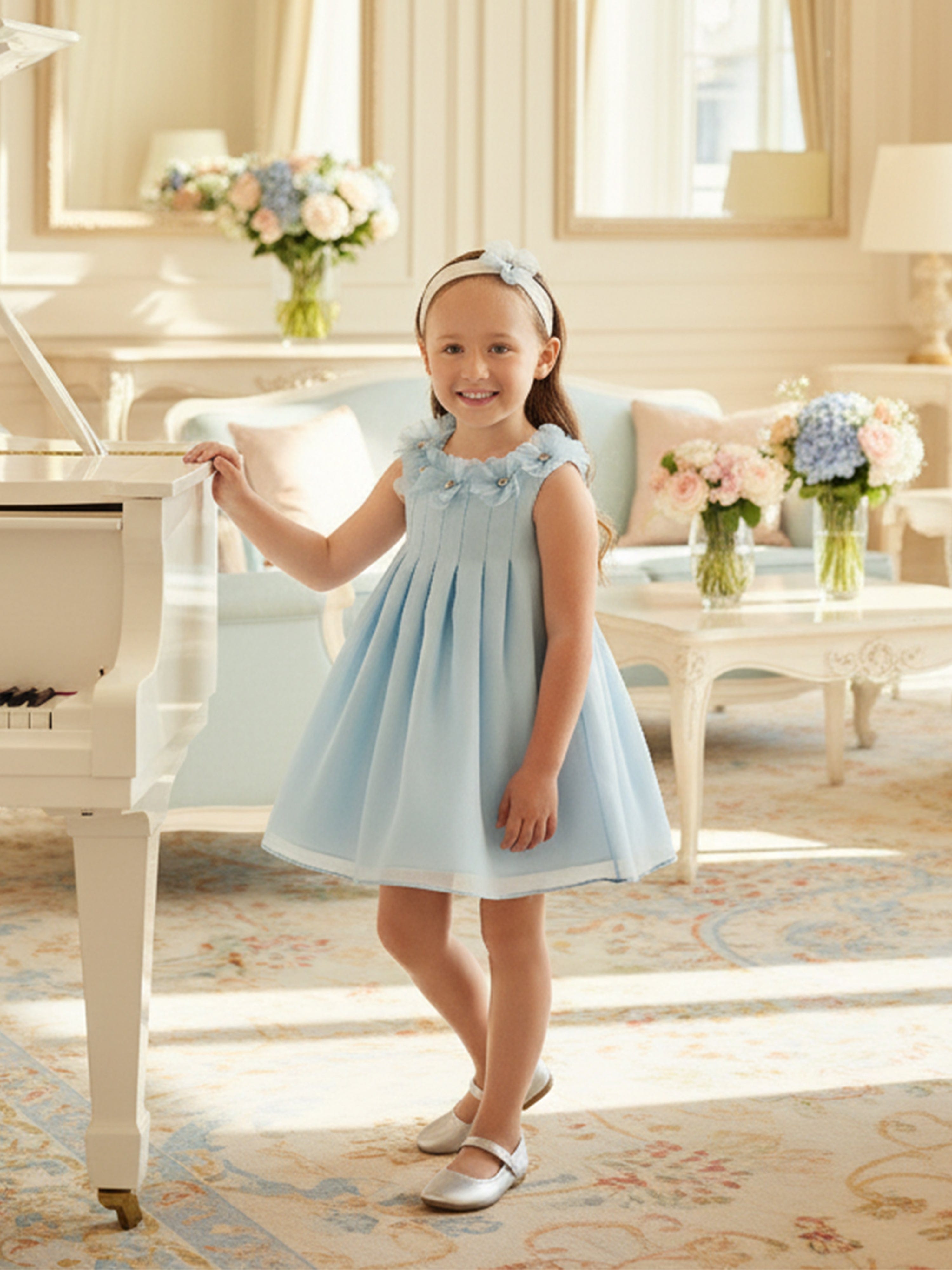 DRESS & Fleur Baby Girls Occasion Dress with Headband in Blue