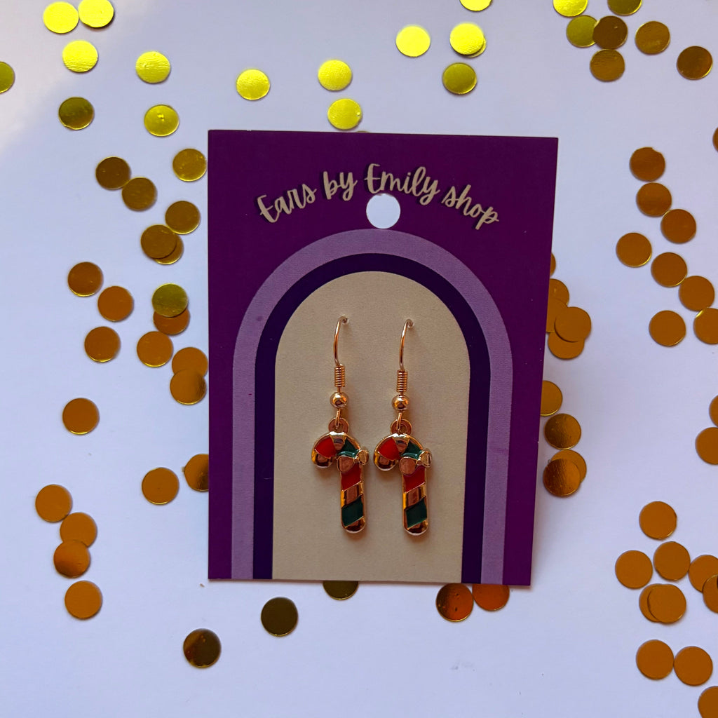 Green Christmas candy cane gold earrings