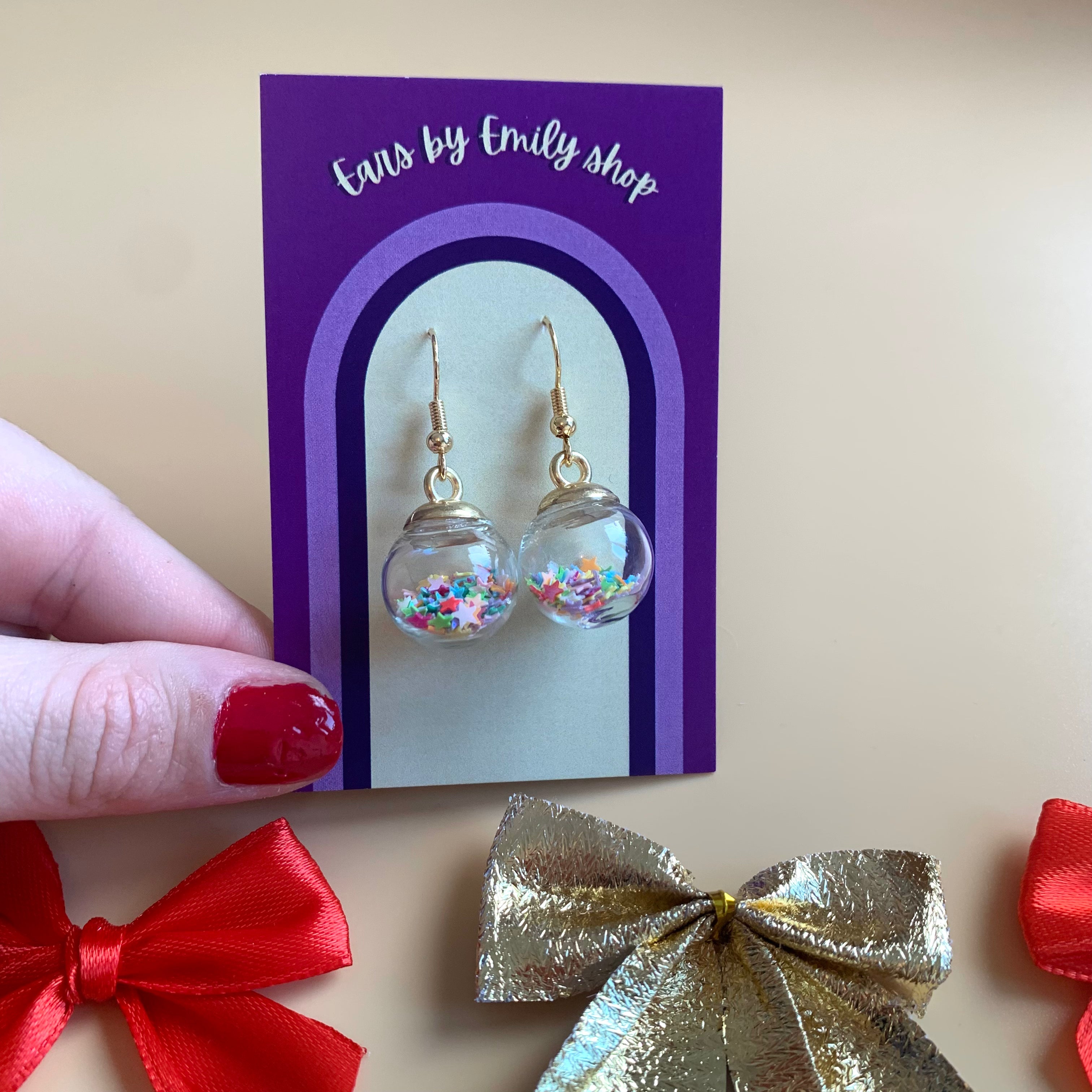 Festive rainbow confetti Christmas bauble gold earrings