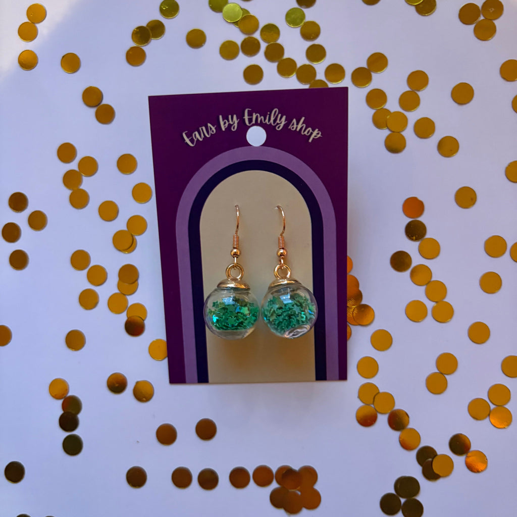 Green star sparkle bauble Christmas dangle earrings gold plated