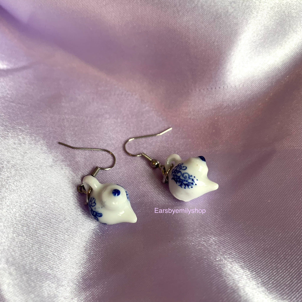 Blue and white flower porcelain rustic tea cup stainless steel earrings