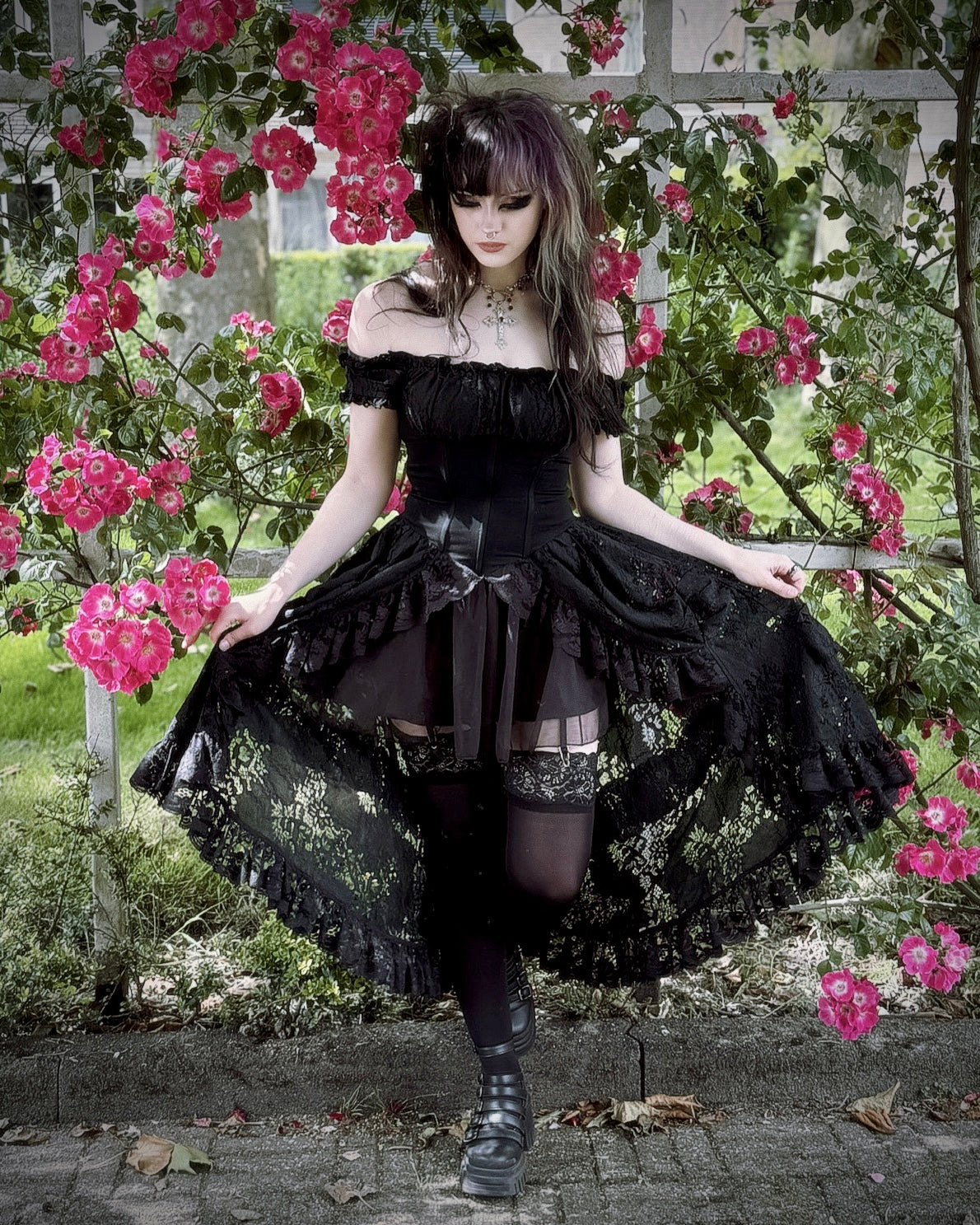 Dark In Love Lilinoe Goth Dress - Off Shoulder Lace-Up Back