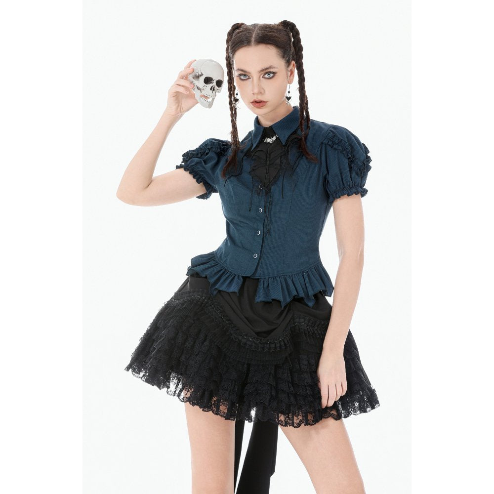 Dark in Love Dark Academia Striped Puff-Sleeve Blouse