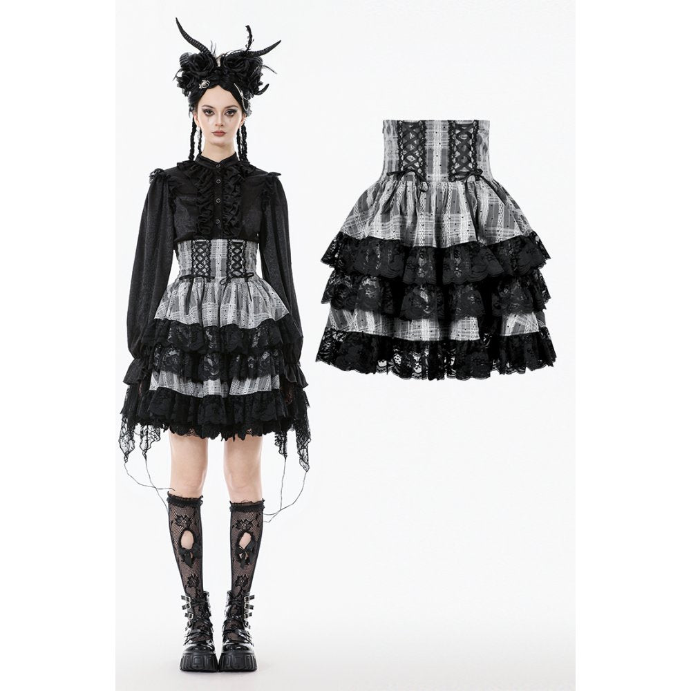 Dark in Love Hexa Layered Tartan Effect Lace Skirt