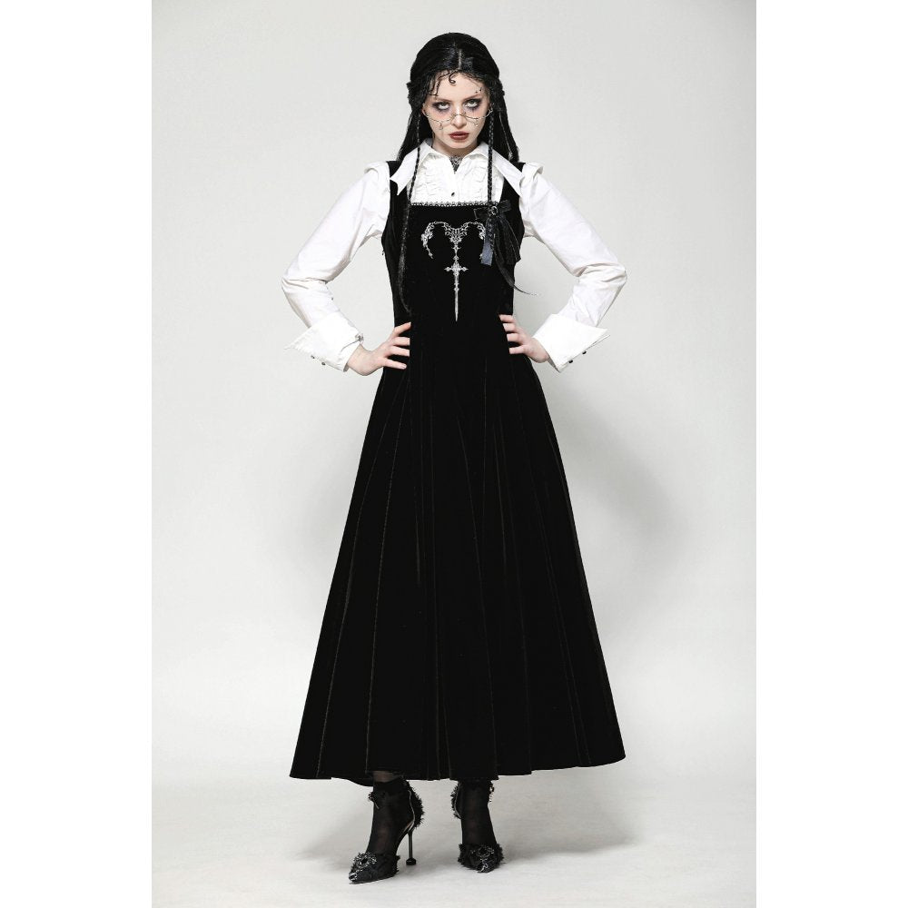 Dark in Love Lux Black Velvet Horn Embroidery Maxi Dress