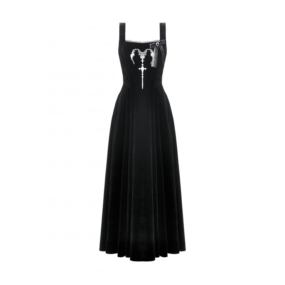 Dark in Love Lux Black Velvet Horn Embroidery Maxi Dress