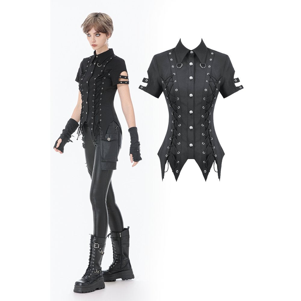 Dark in Love Ruptured Lace-Up Goth Shirt - D-Ring Hardware & Handkerchief Hem