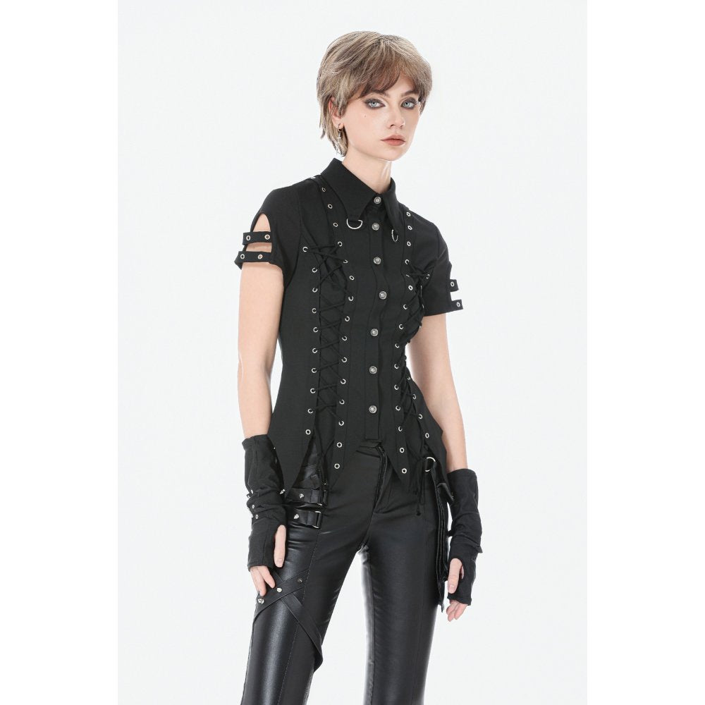 Dark in Love Ruptured Lace-Up Goth Shirt - D-Ring Hardware & Handkerchief Hem