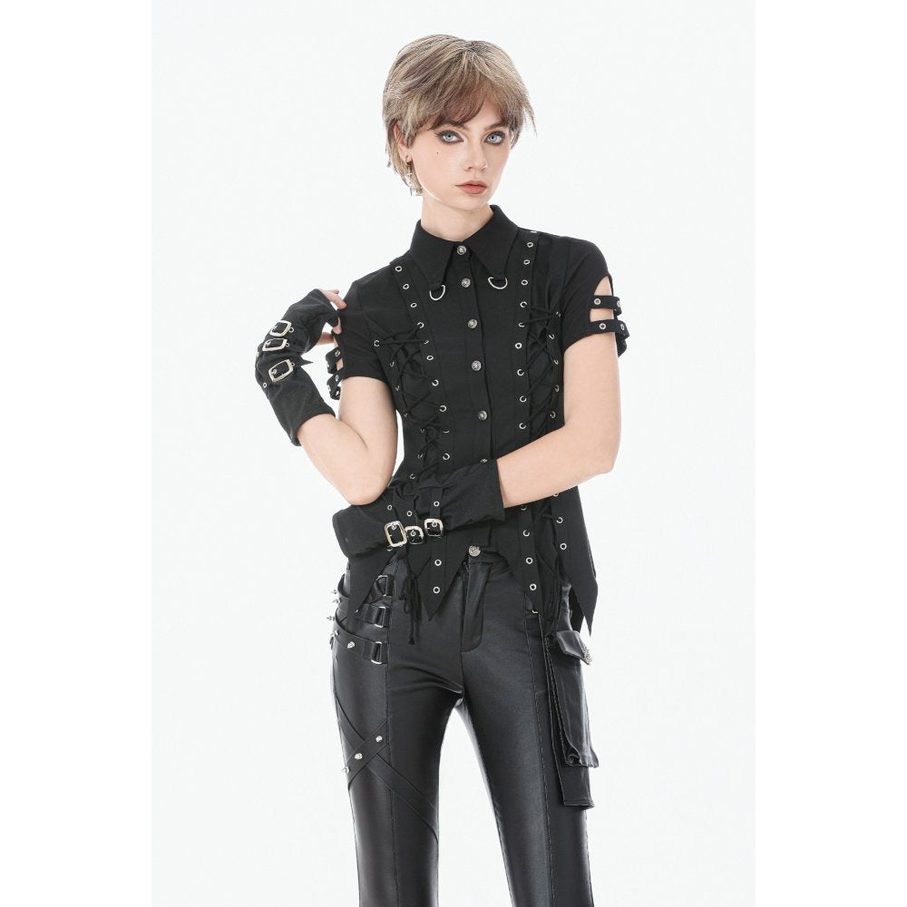 Dark in Love Ruptured Lace-Up Goth Shirt - D-Ring Hardware & Handkerchief Hem