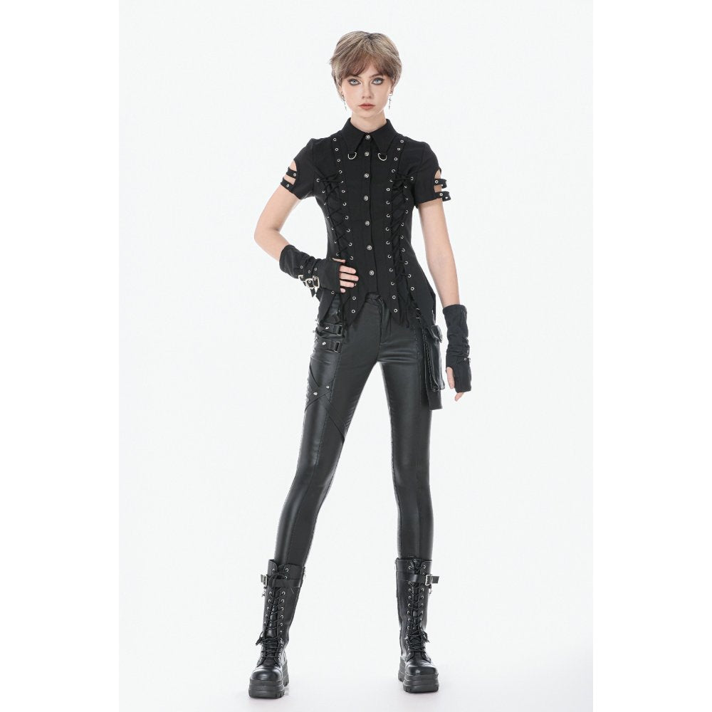 Dark in Love Ruptured Lace-Up Goth Shirt - D-Ring Hardware & Handkerchief Hem