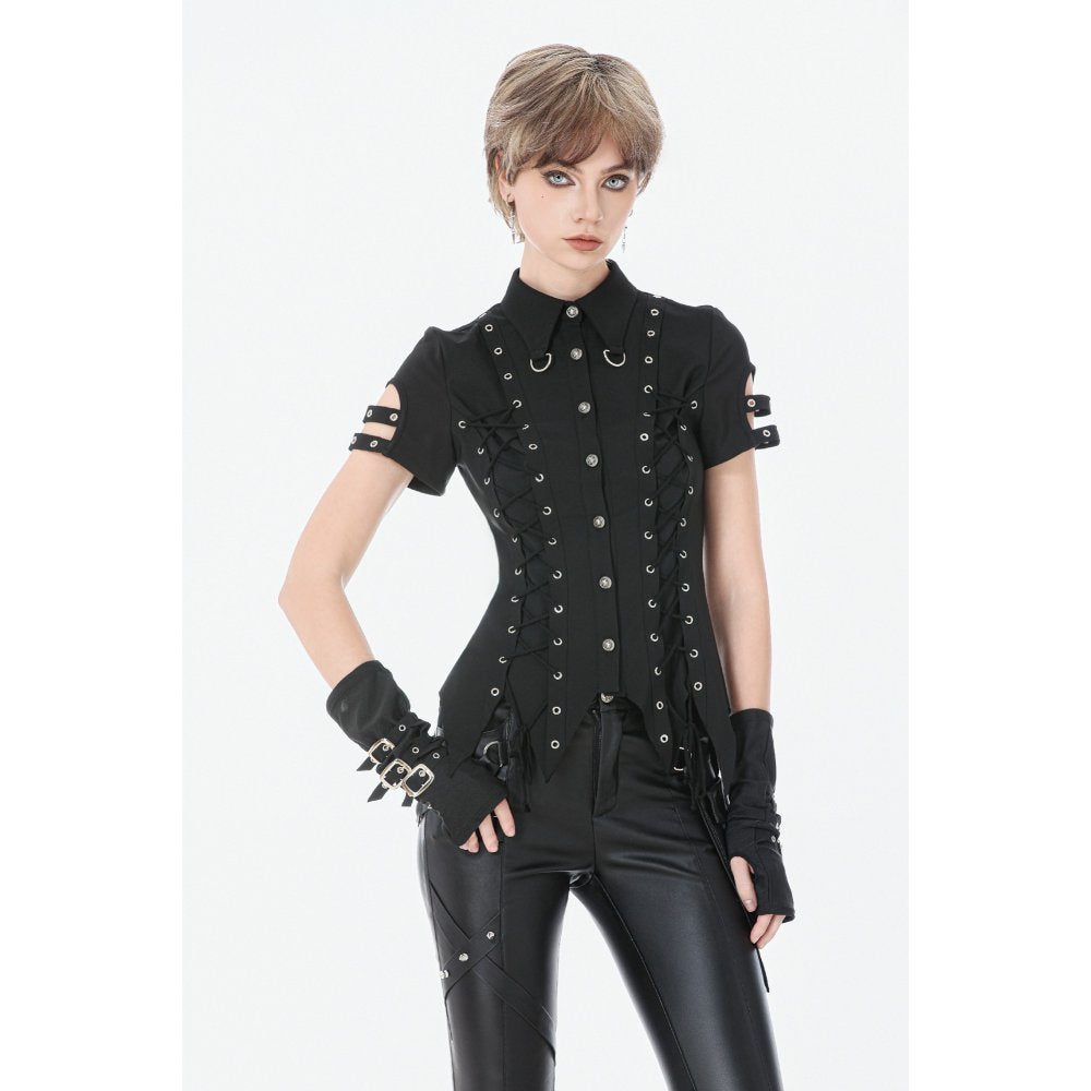 Dark in Love Ruptured Lace-Up Goth Shirt - D-Ring Hardware & Handkerchief Hem