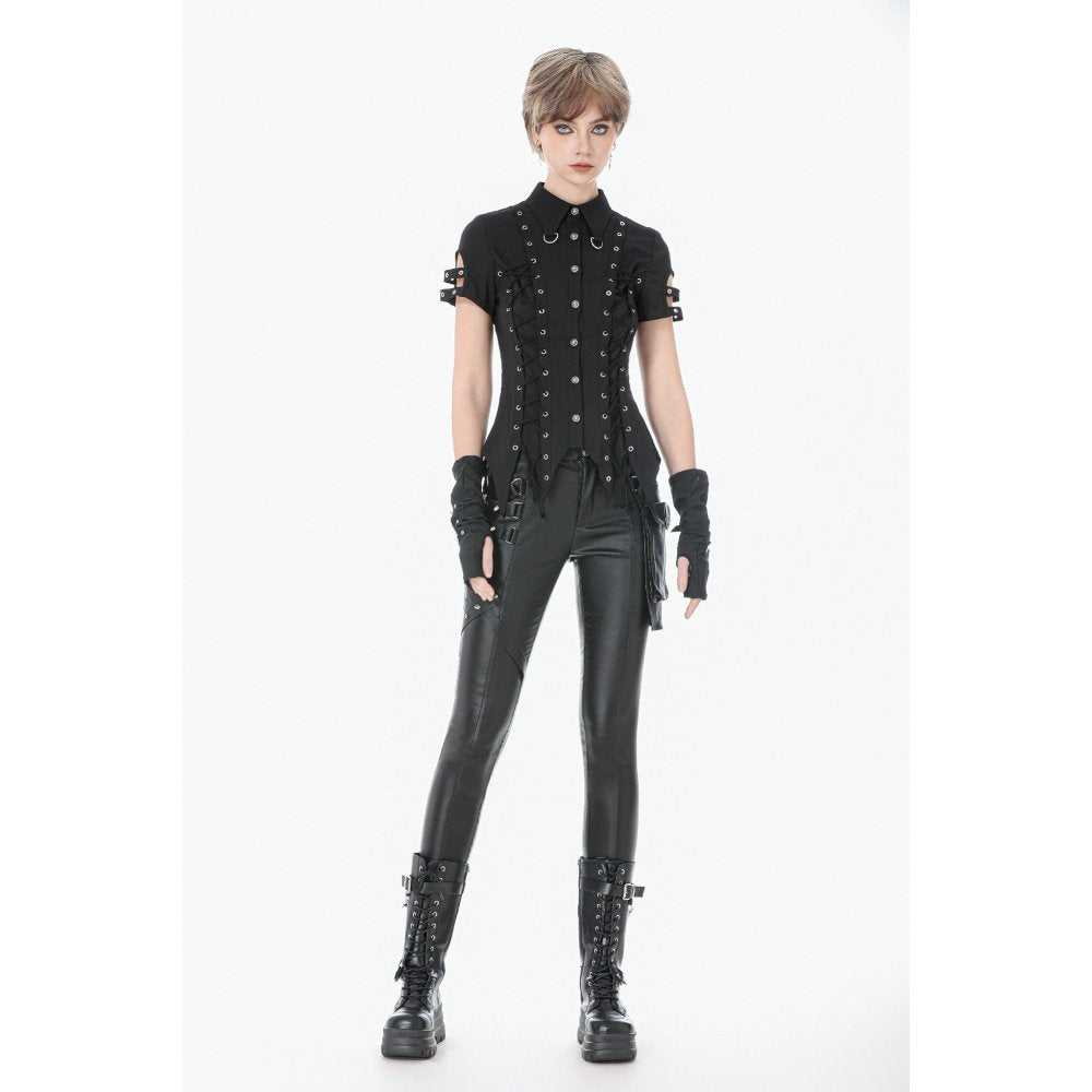 Dark in Love Ruptured Lace-Up Goth Shirt - D-Ring Hardware & Handkerchief Hem