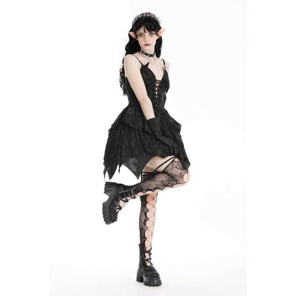 Dark in Love Zemira Goth Dress - 3D Floral Plunge Lace-Up Batwing Bust