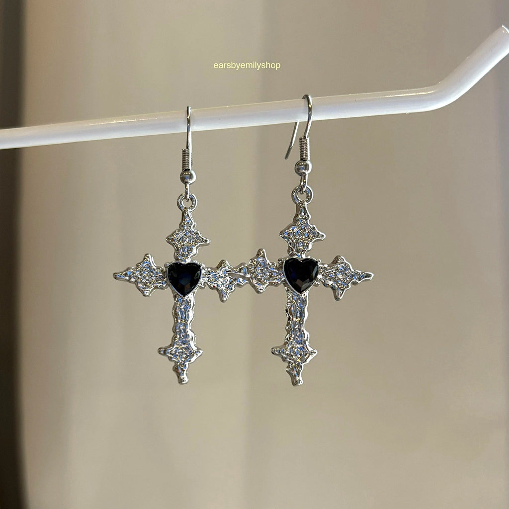 Cool silver with black heart cross drop dangle earrings on hypoallergenic surgical steel hooks