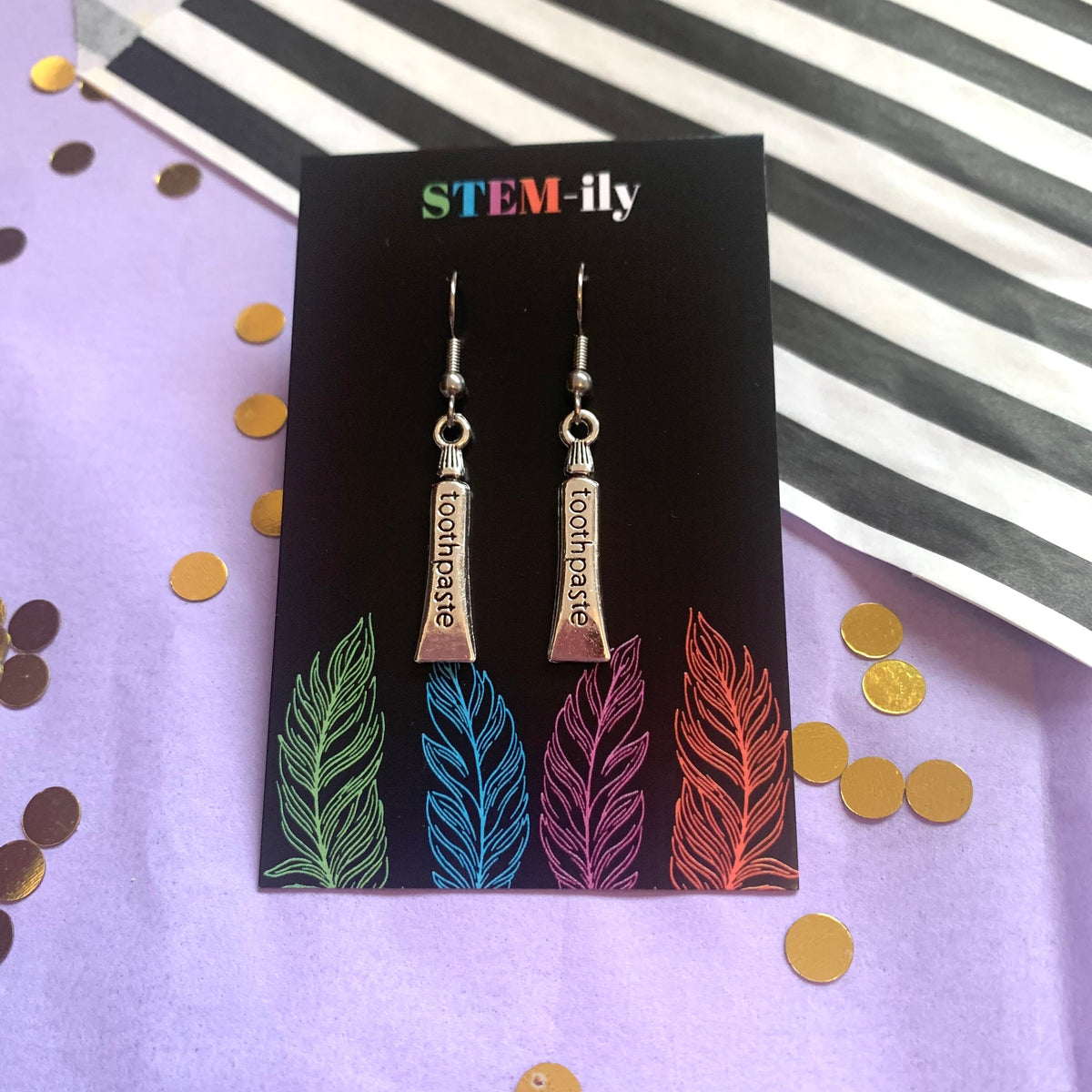 Silver toothpaste dentist dental earrings on hypoallergenic surgical steel hooks