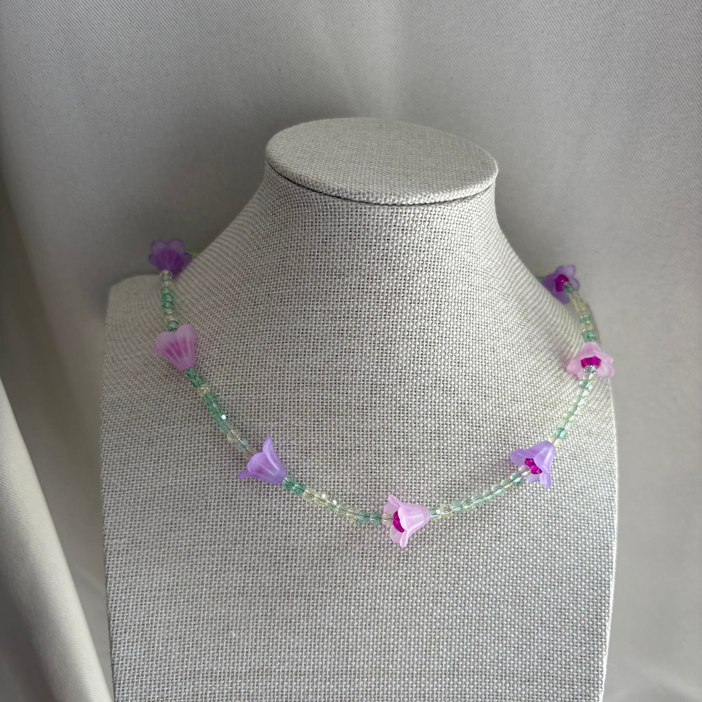 Handmade beaded pink purple and green flower choker necklace