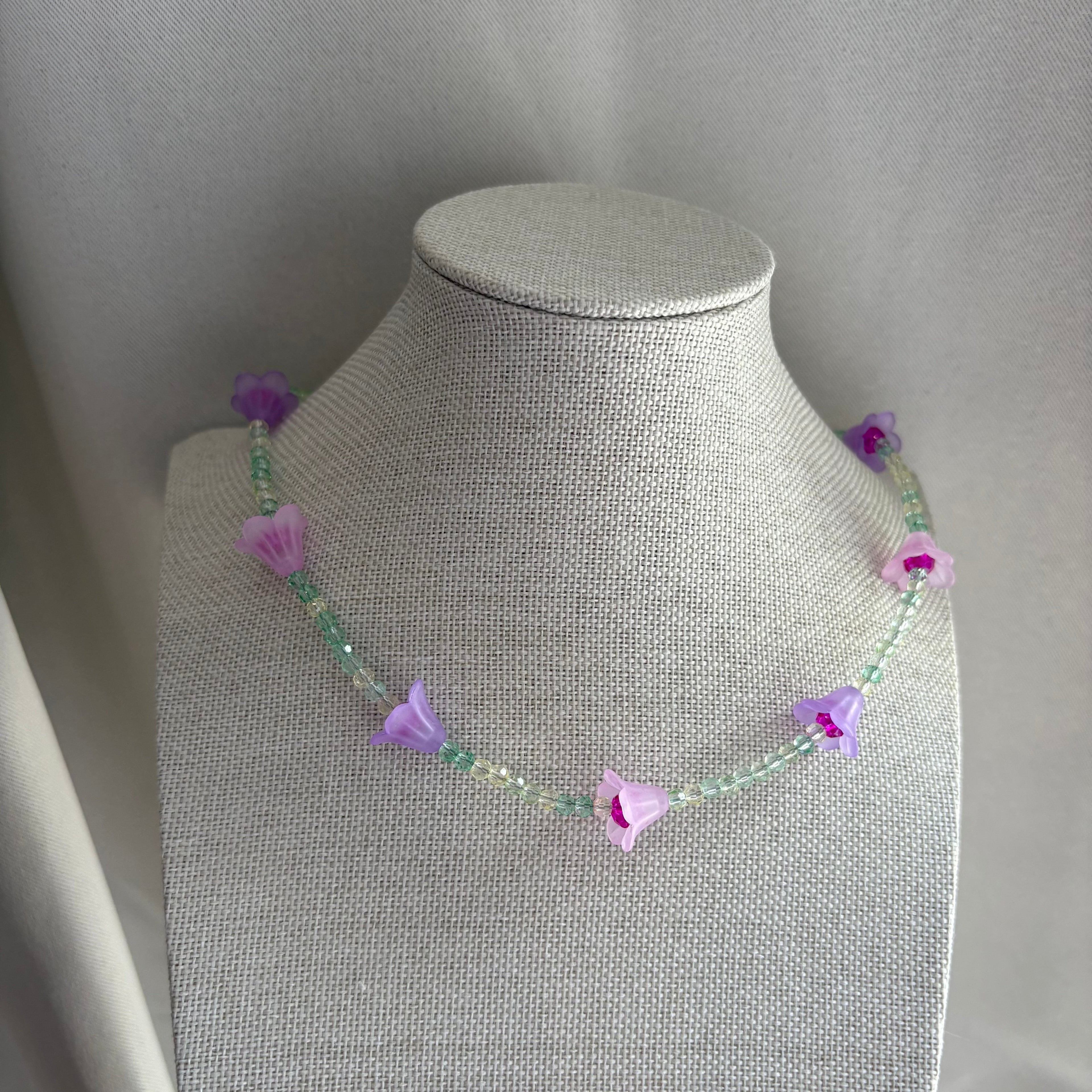 Handmade beaded pink purple and green flower choker necklace