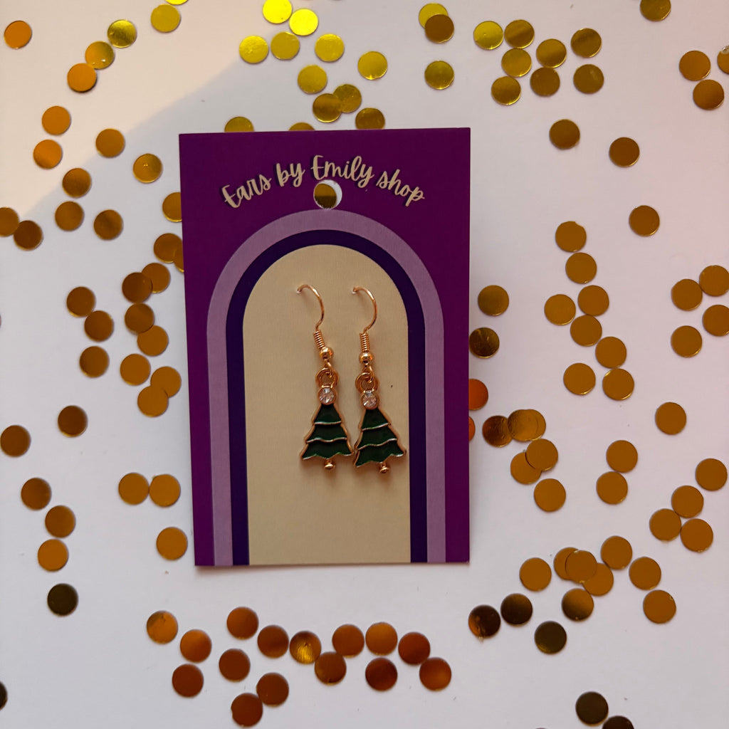 Green Christmas Tree gold earrings