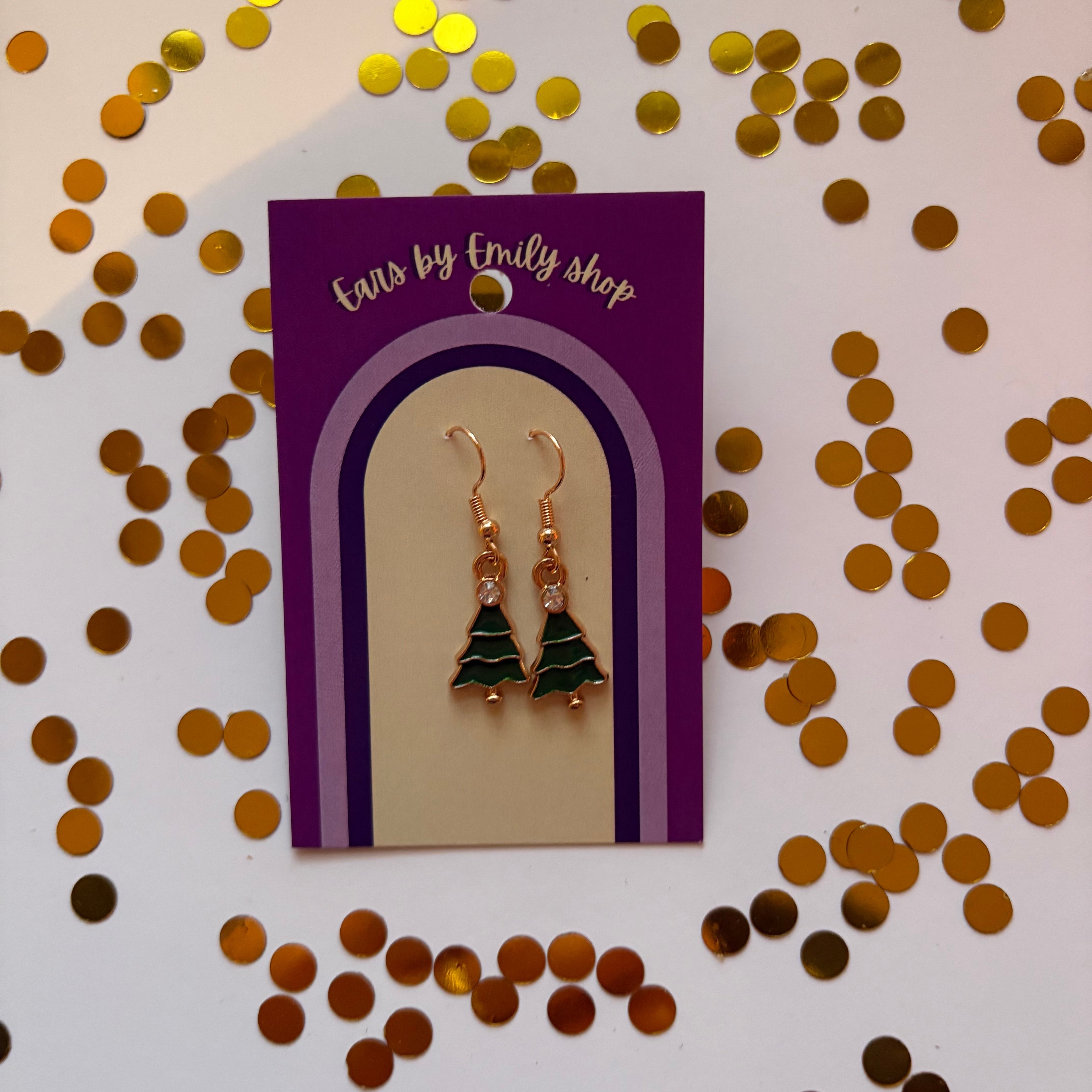 Green Christmas Tree gold earrings