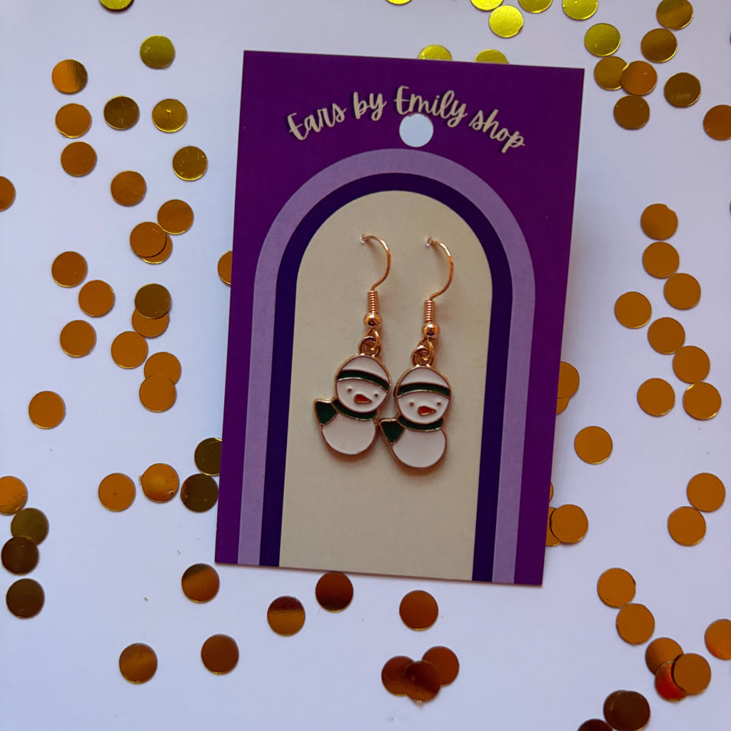 Gold and white Christmas duck snowman dangle earrings on gold plated hooks