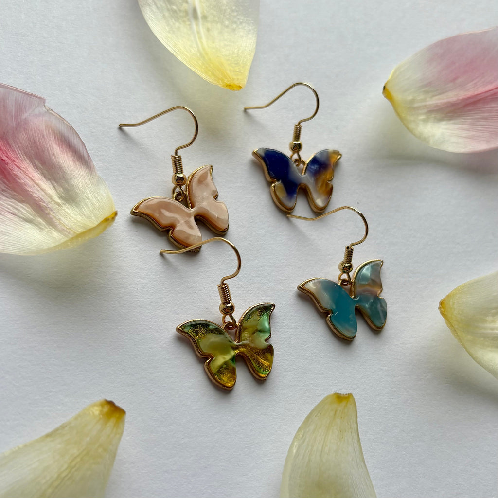 Colourful marble effect gold butterfly earrings