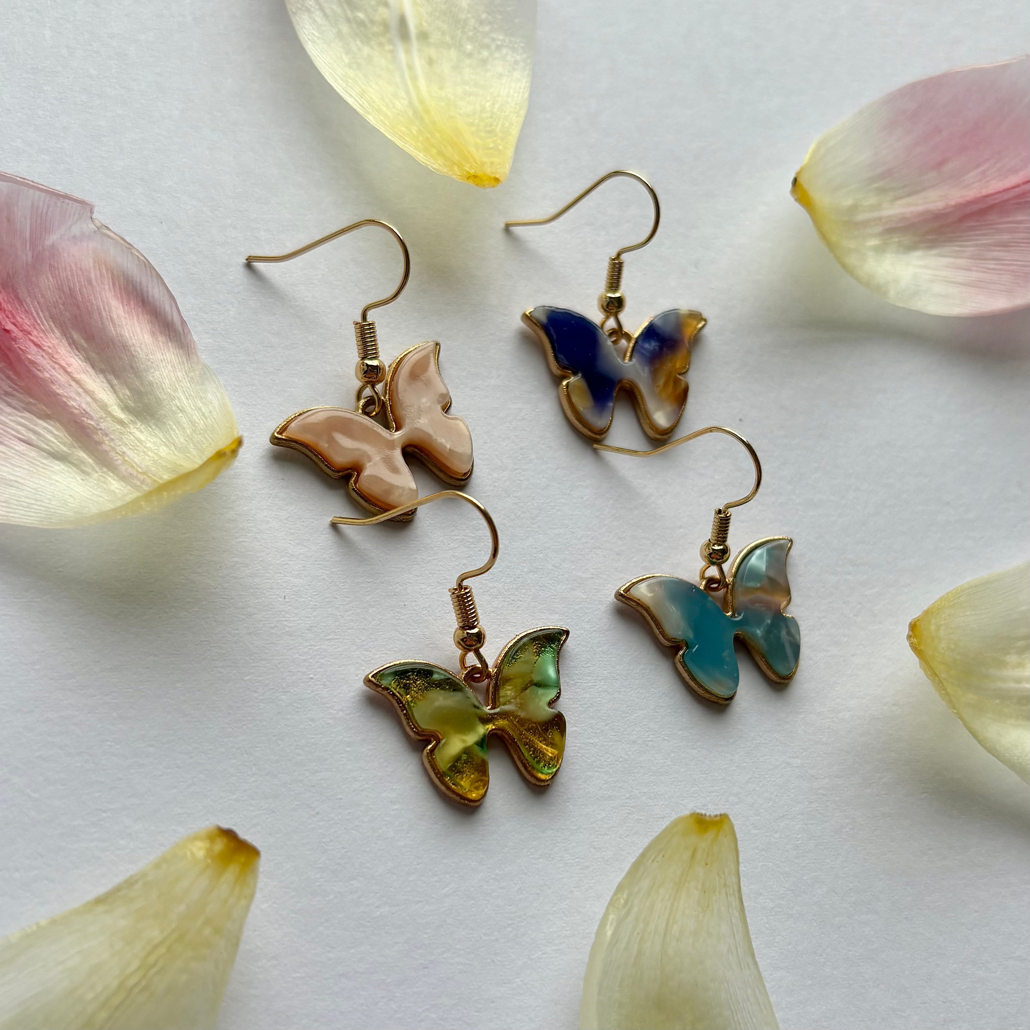 Colourful marble effect gold butterfly earrings