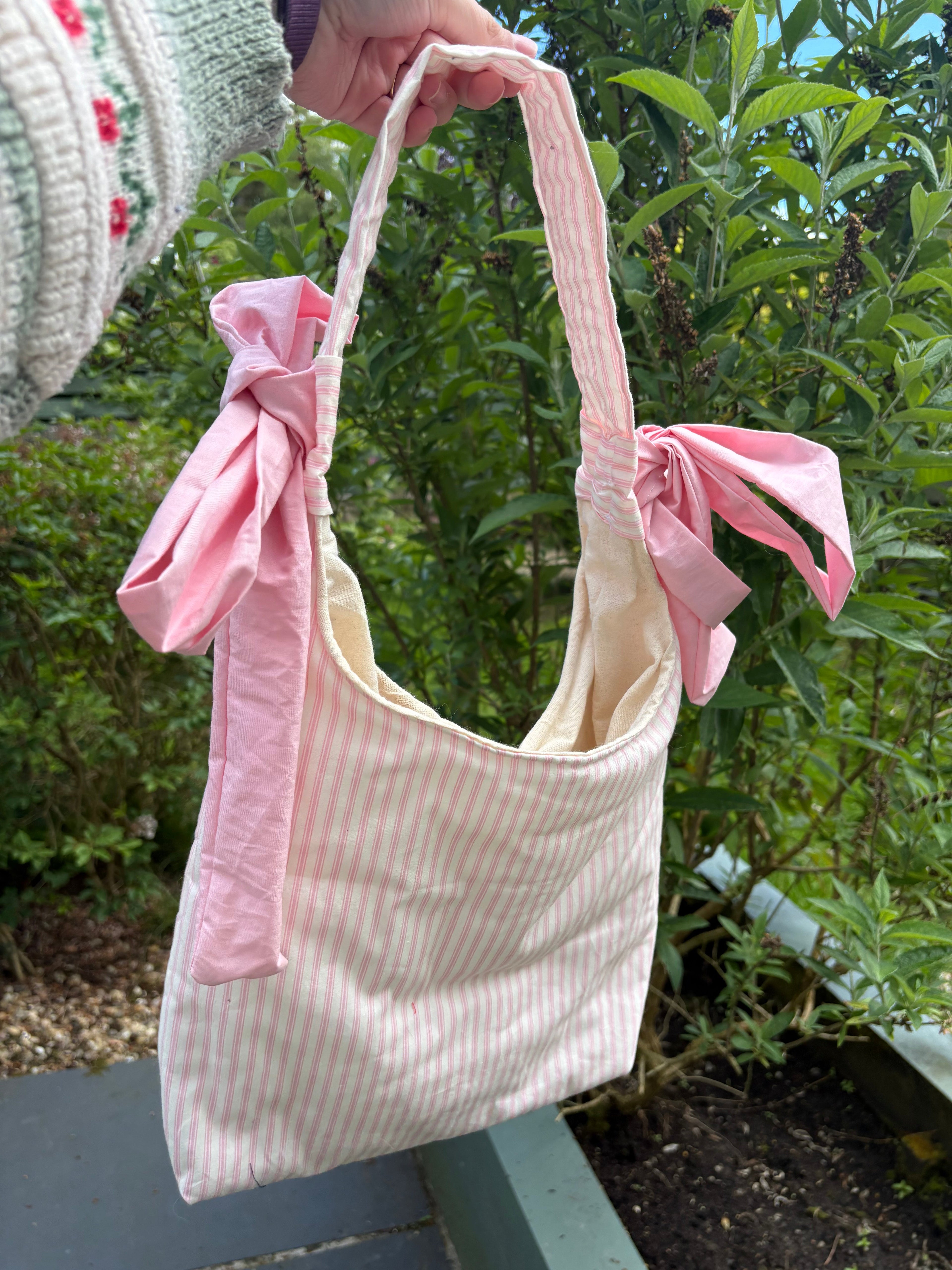 Handmade white and pink stripe coquette padded tote bag with bows