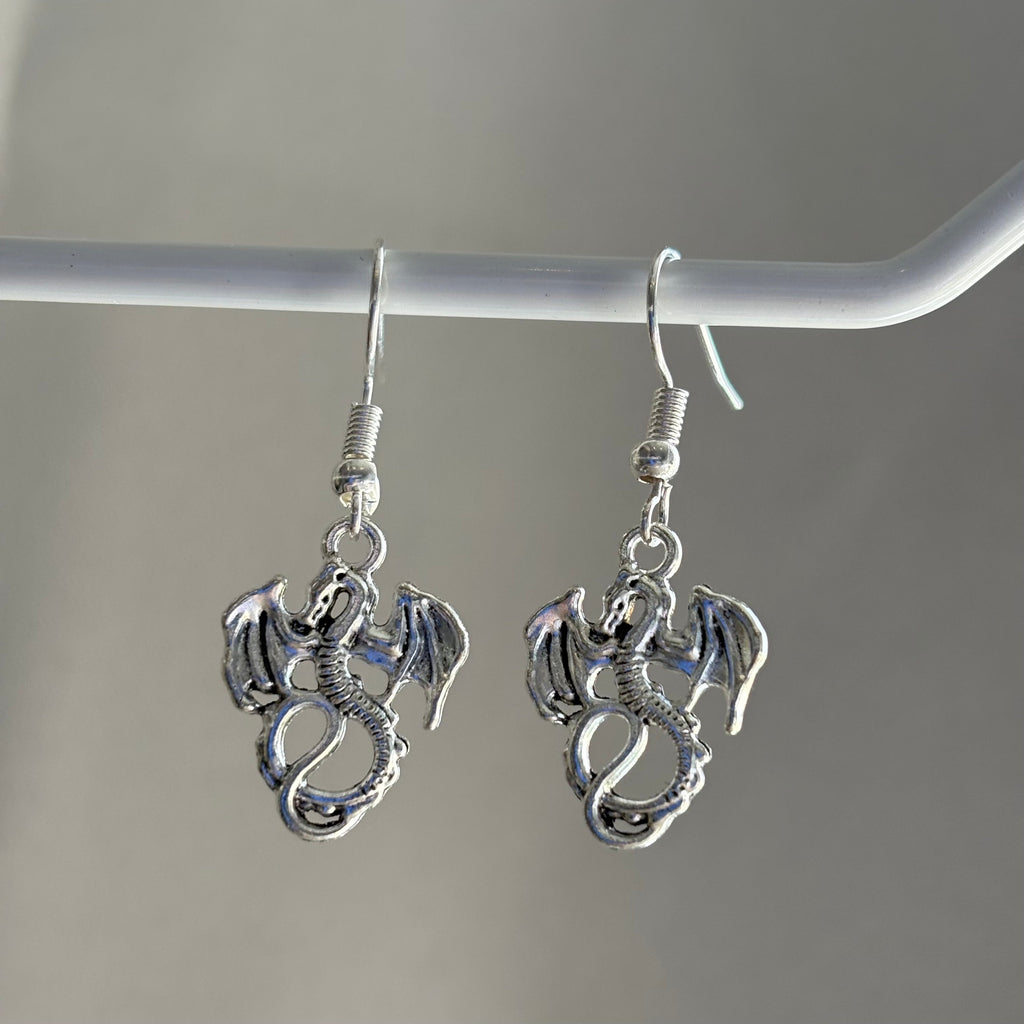 Silver little dragon dangle earrings