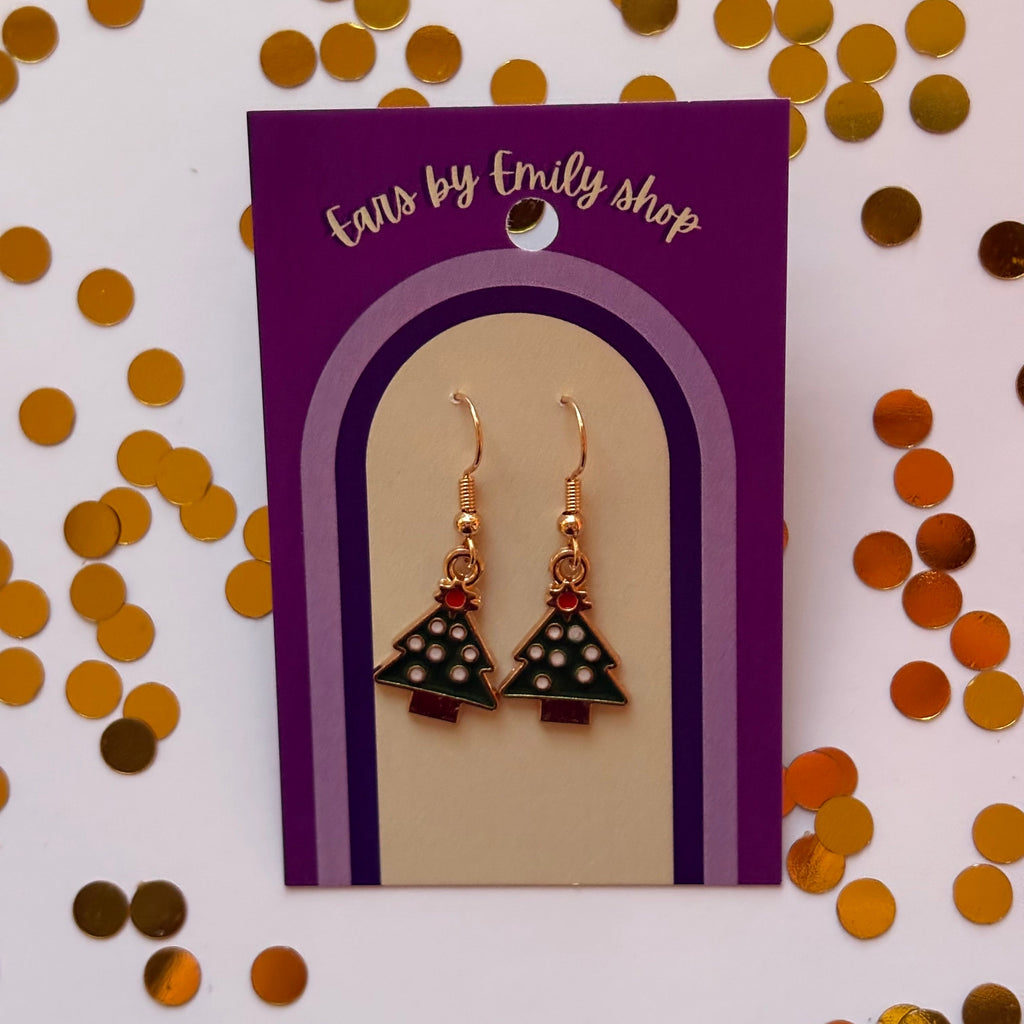Green Christmas Tree gold earrings