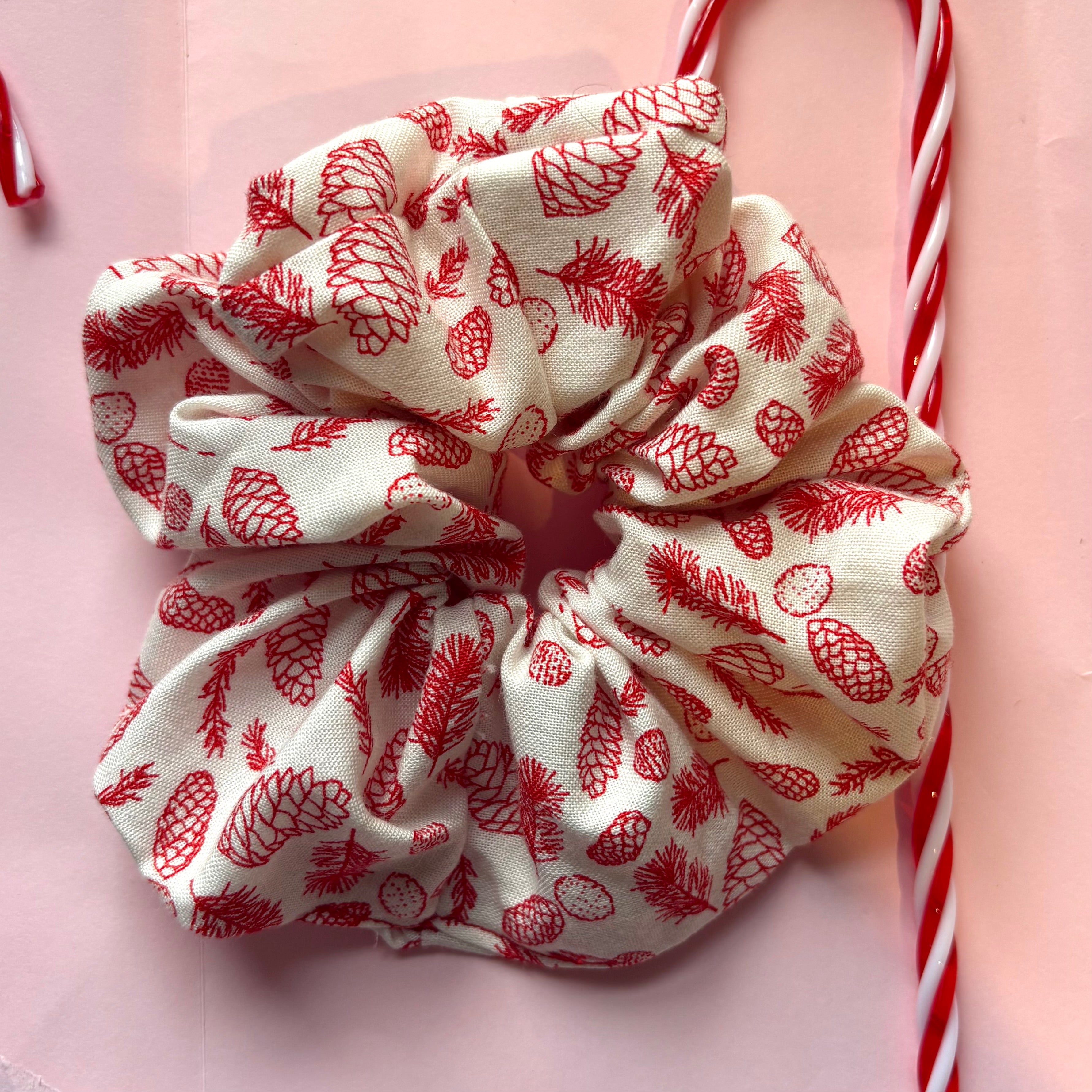 Cool large cream and red minimalist acorn leaf festive plant Christmas scrunchie