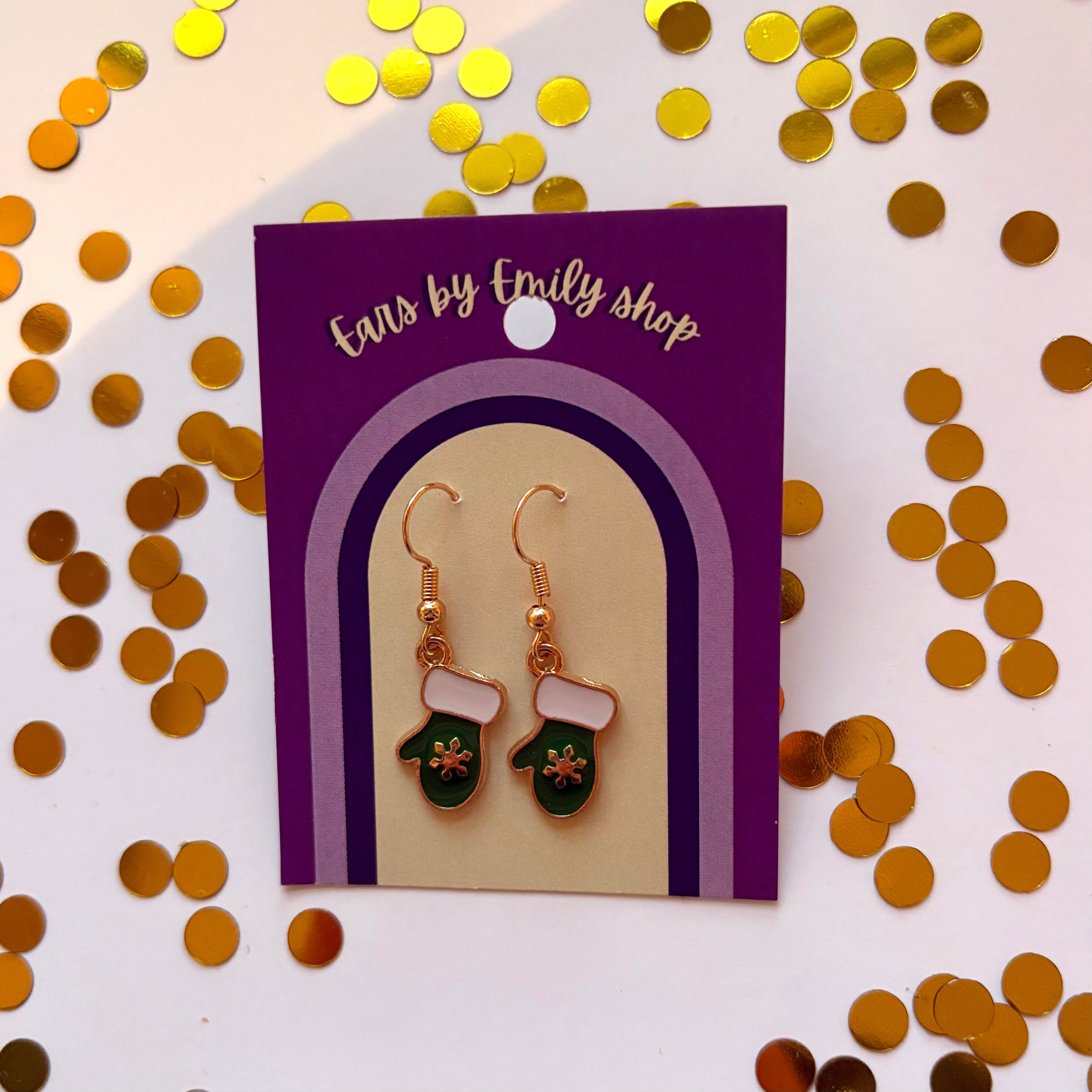 Green mitten Christmas gold earrings