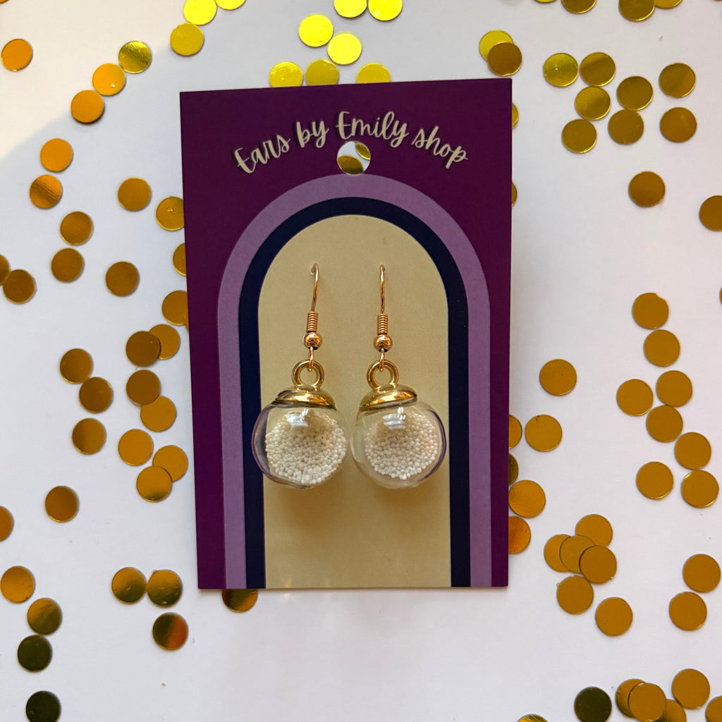 White ball bead sparkle bauble Christmas dangle earrings gold plated