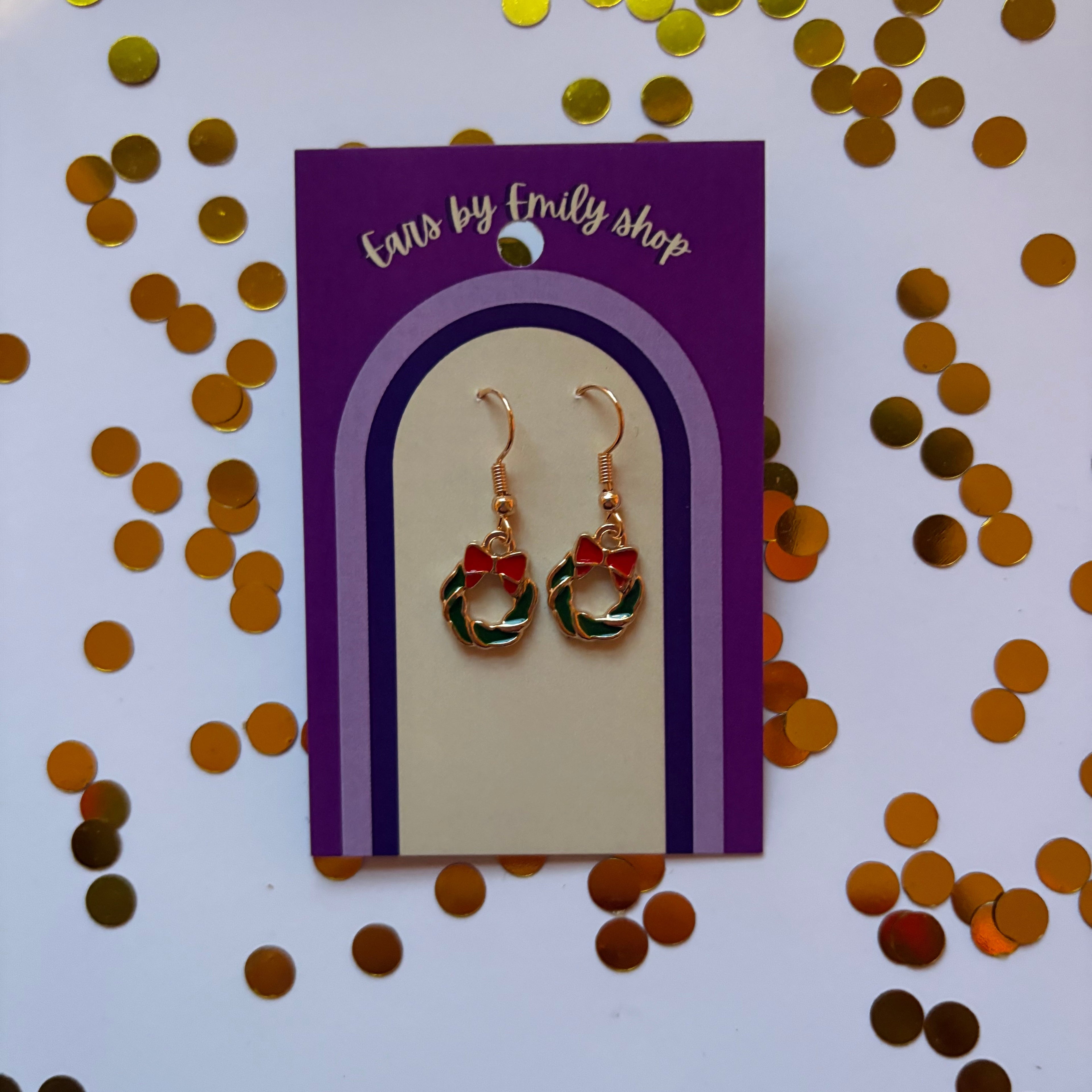 Green Christmas wreath gold earrings