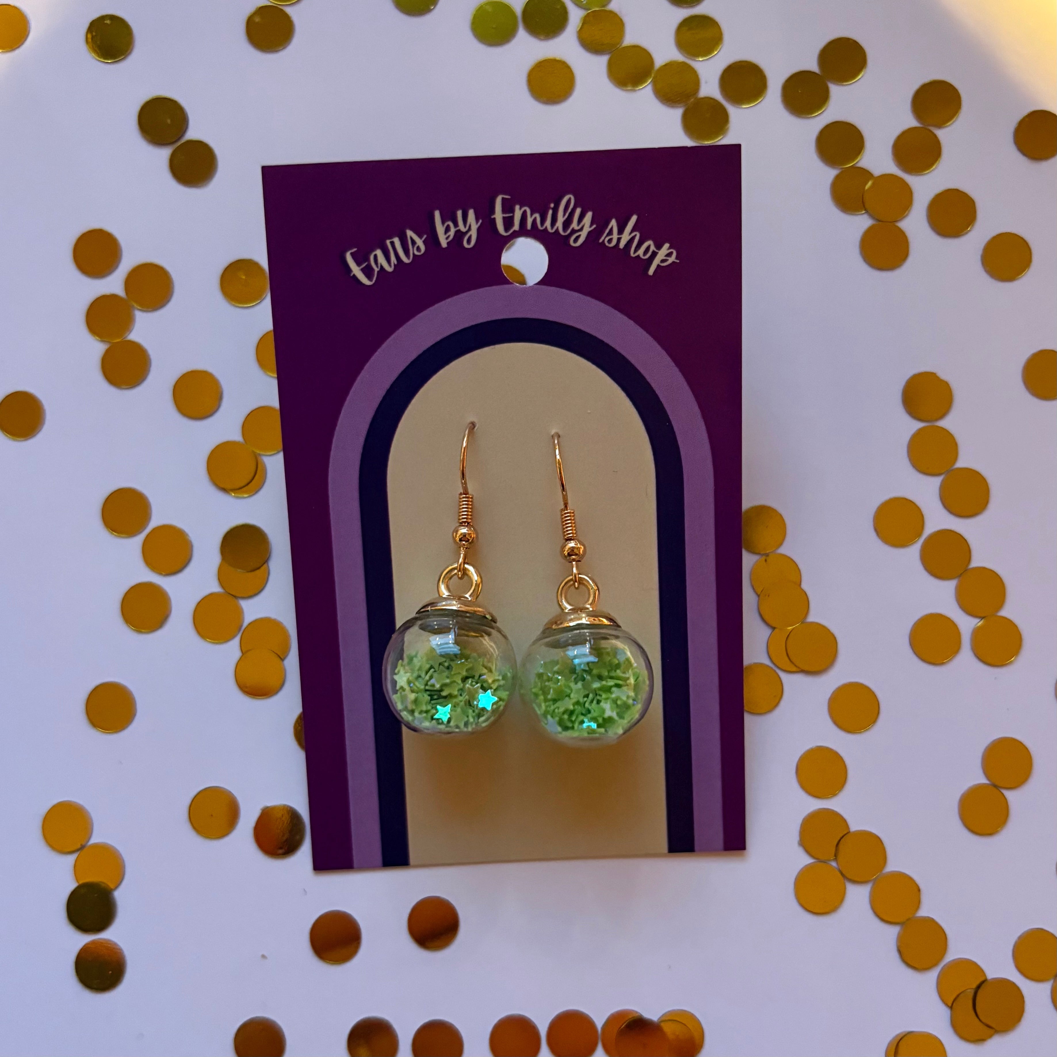Green star sparkle bauble Christmas dangle earrings gold plated