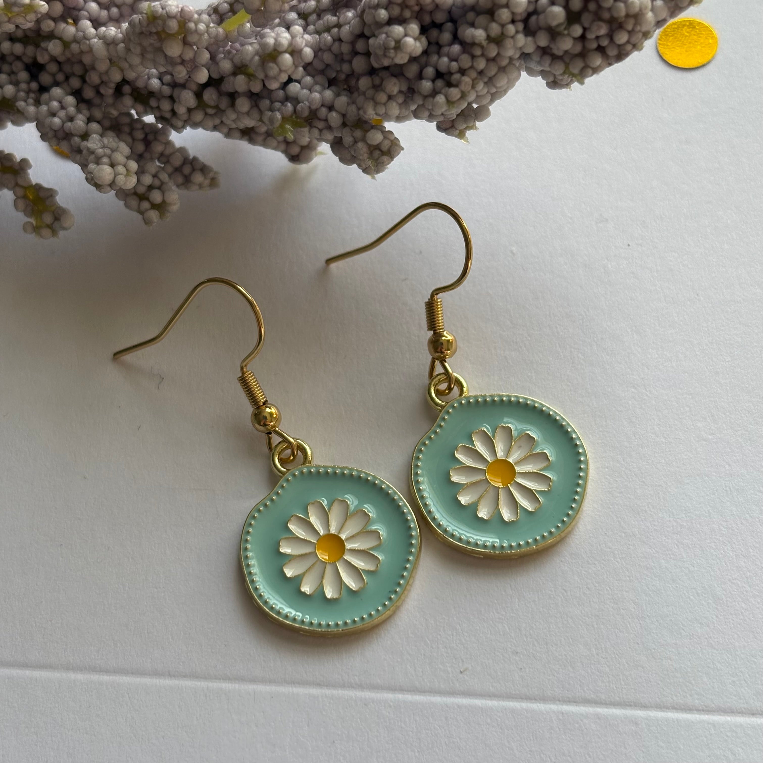 Blue and white daisy gold earrings in circle on 18k gold plated hooks