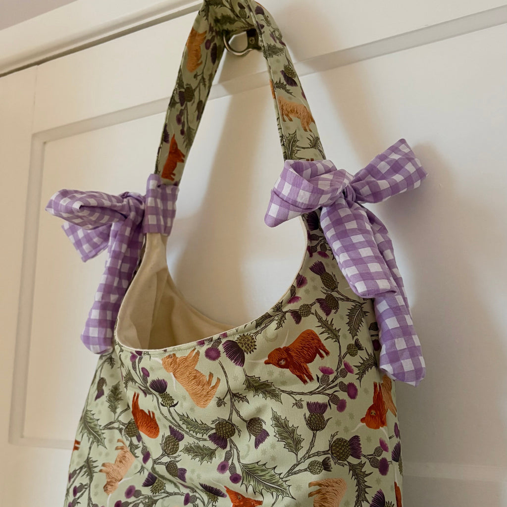 Handmade Scottish highland cow bow padded tote bag
